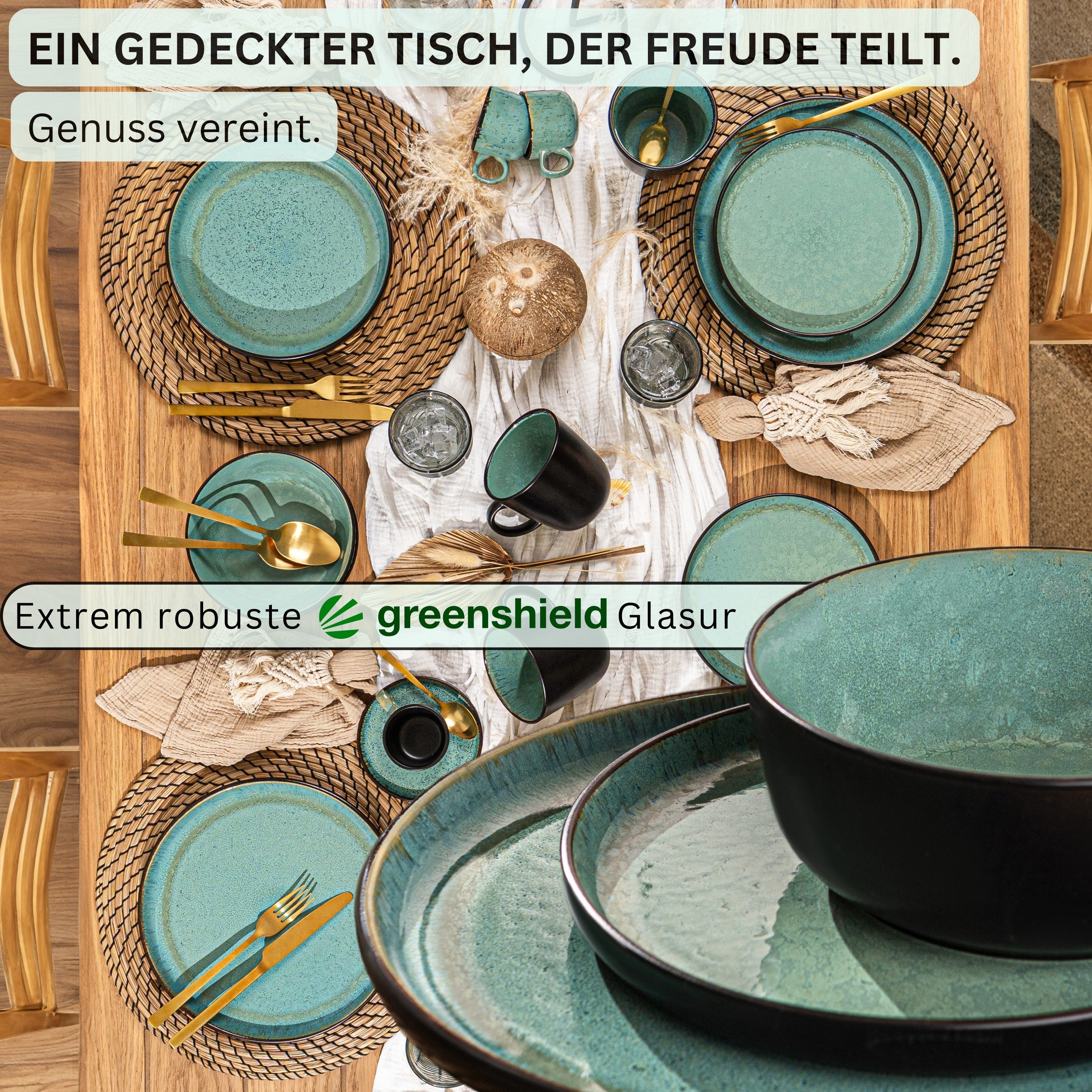 SÄNGER Tafelservice Fiji Geschirrset, Grün Schwarz (18-tlg), 6 Personen, Steingut, Handmade, Erweiterbar, VALUE COLLECTION