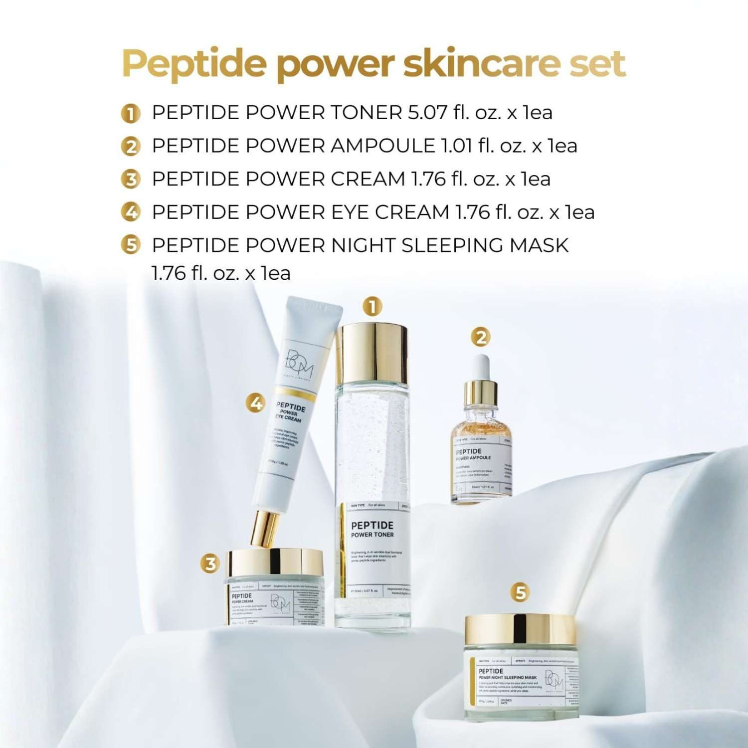 Beauty of Majesty Hautpflege-Set Peptide Power Gift Set 5-teilig – Koreanische Hautpflege mit Penta- Peptiden und 24K Gold, Toner + Ampoule + Cream + Eye, Cream + Sleeping Mask, K-Beauty Anti-Aging Set