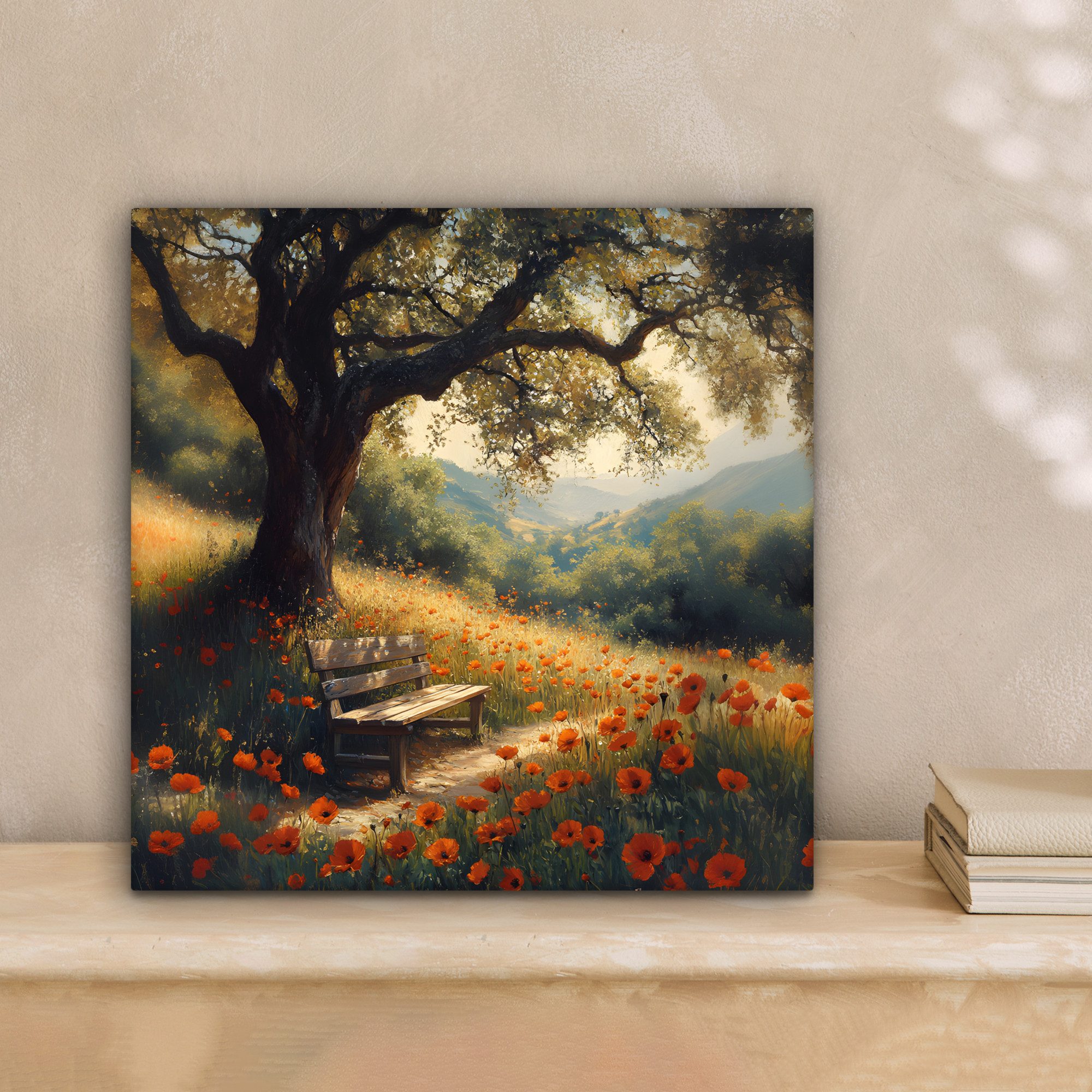 OneMillionCanvasses® Leinwandbild Bank - Baum - Mohnblumen - Hügel, Fotodru günstig online kaufen