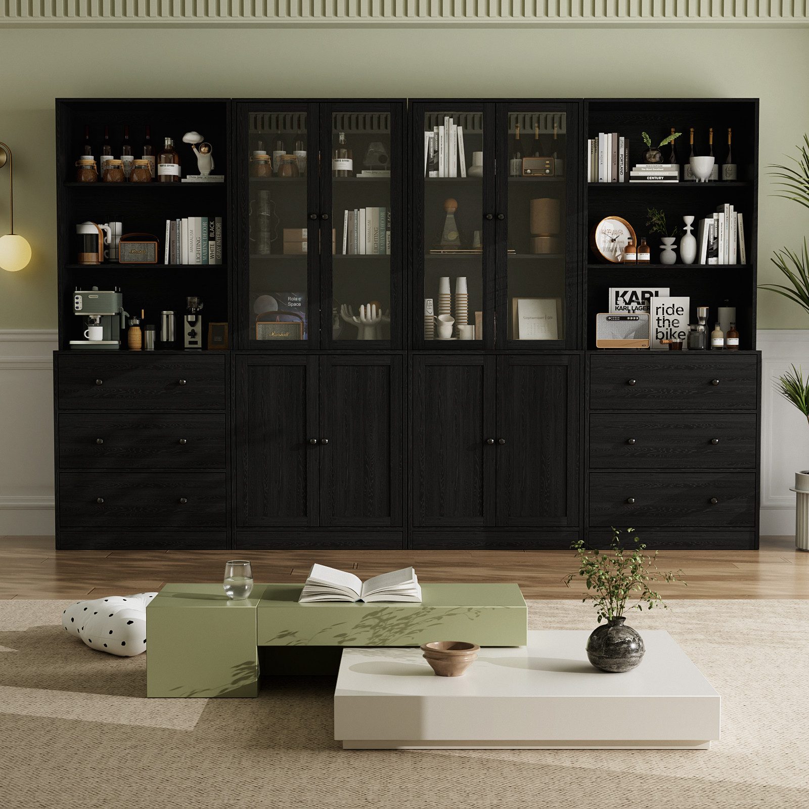 VOWNER Bücherregal 5-stöckiges Bücherregal mit Glastüren, 180 cm Vitrinenschrank, 4-tlg., multifunktionaler Küchenschrank Hochschrank & Buffetschrank