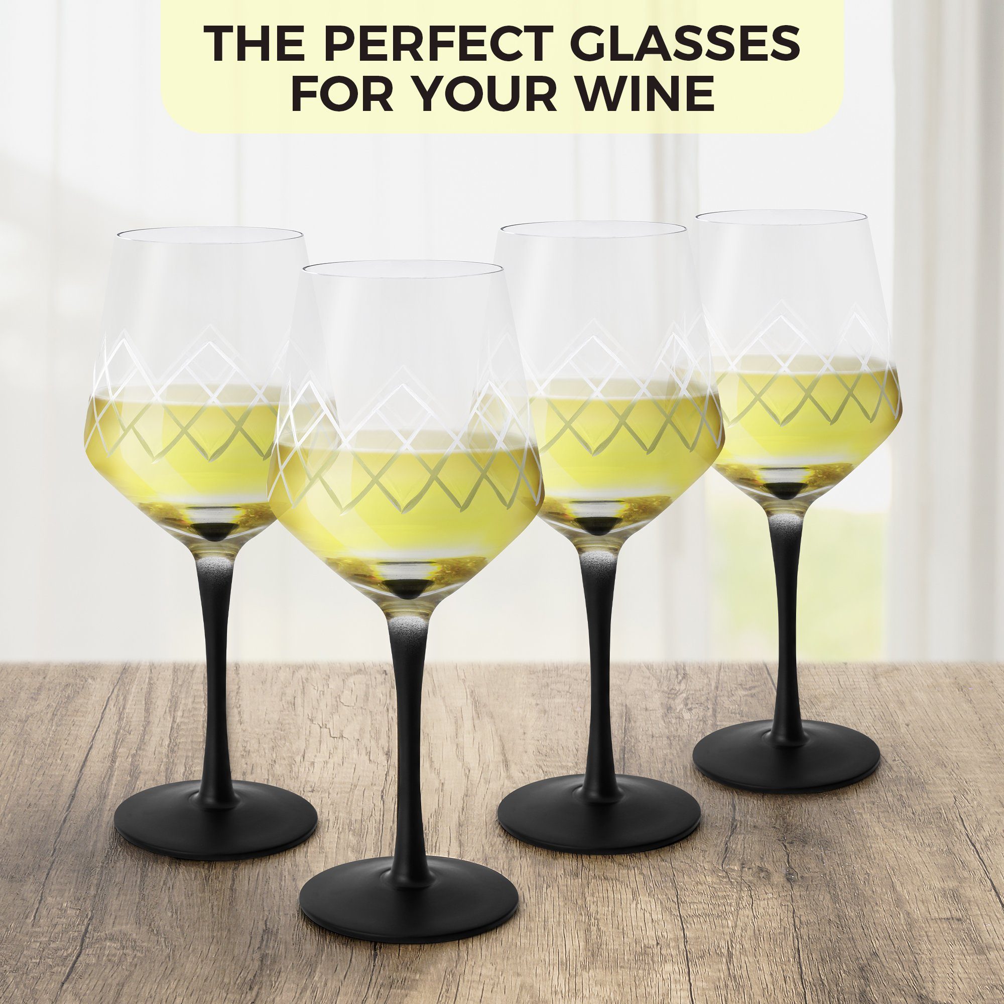 MiaMio Weißweinglas Crystaluna mit schwarzem Stiel, 380 ml, 4-tlg., Glas, mit schwarzem Stiel, Weinstopper und Weinbelüfter
