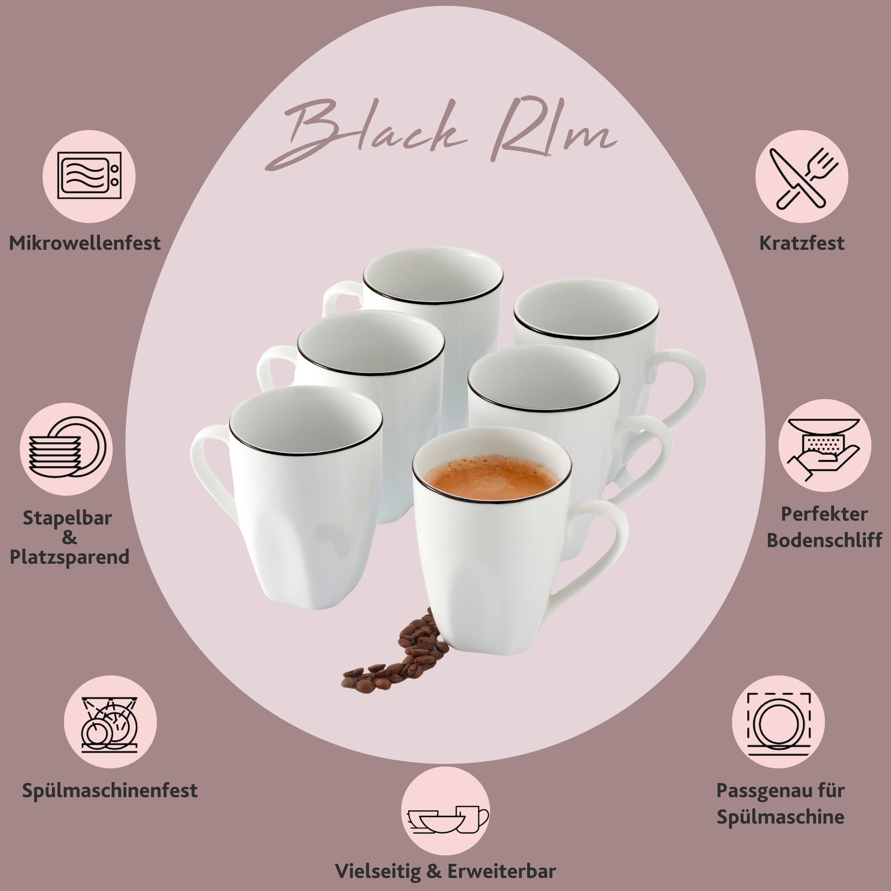 SÄNGER Becher Bilgola Black Rim Kaffeebecher Set, 6-tlg., Porzellan, (6-teilig), 220ml, 6 Personen, Premium Collection