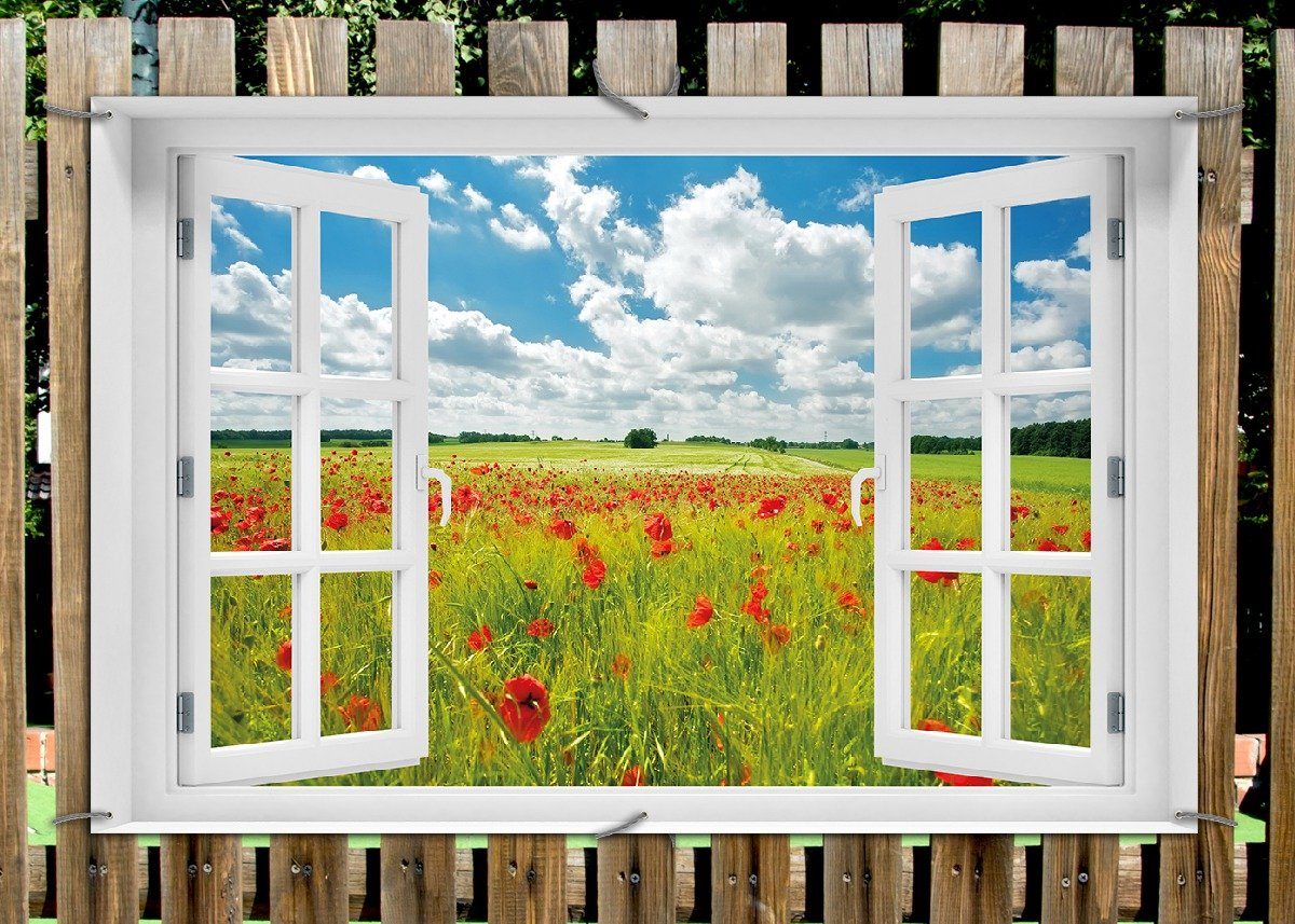 Thumbnail - Wallario Sichtschutzzaunmatten Grüne Wiese mit Mohnblumen, mit Fenster-Illusion