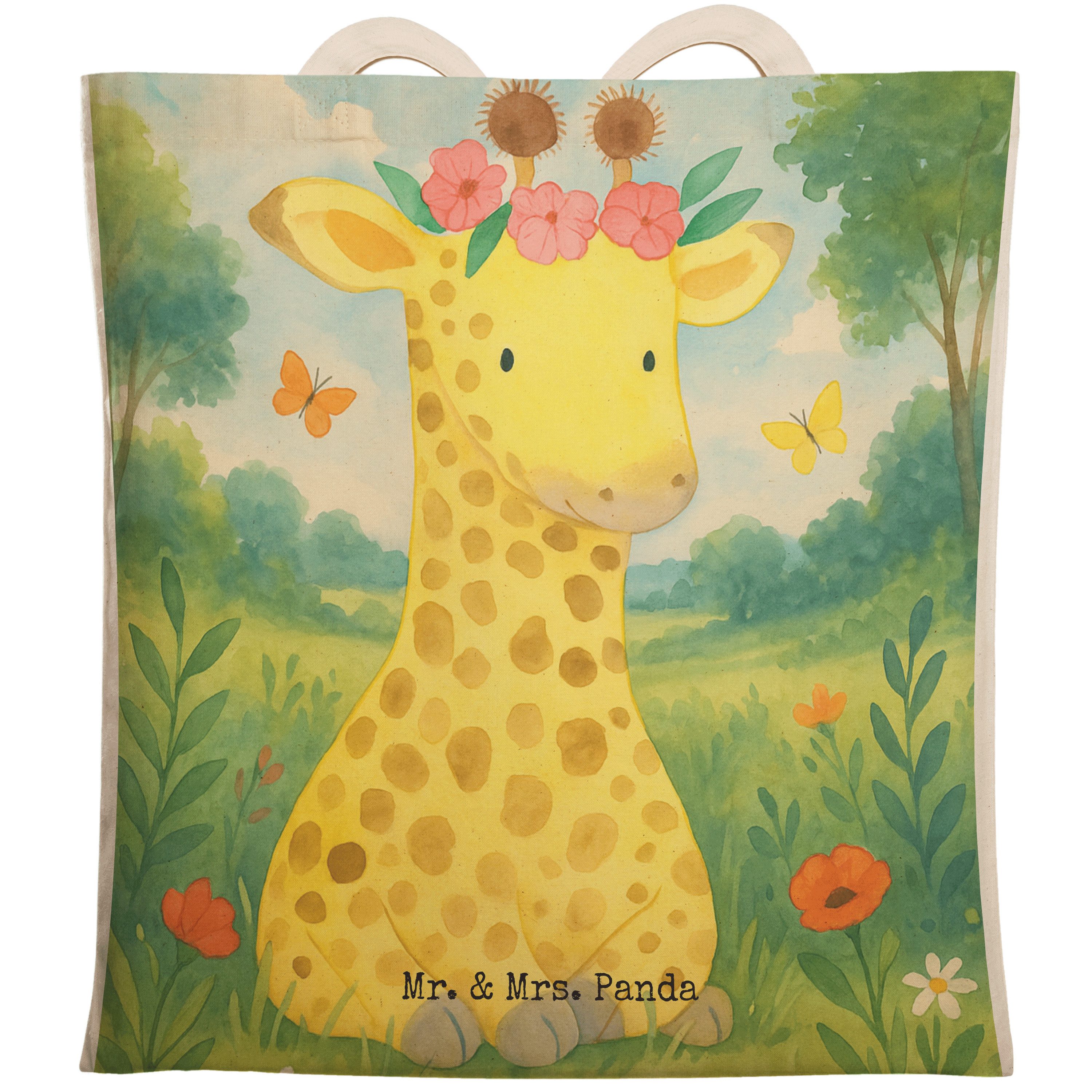 Tragetasche Giraffe Blumenkranz Design, Tote Bag, Weiß, Stofftragetasche, Freundi