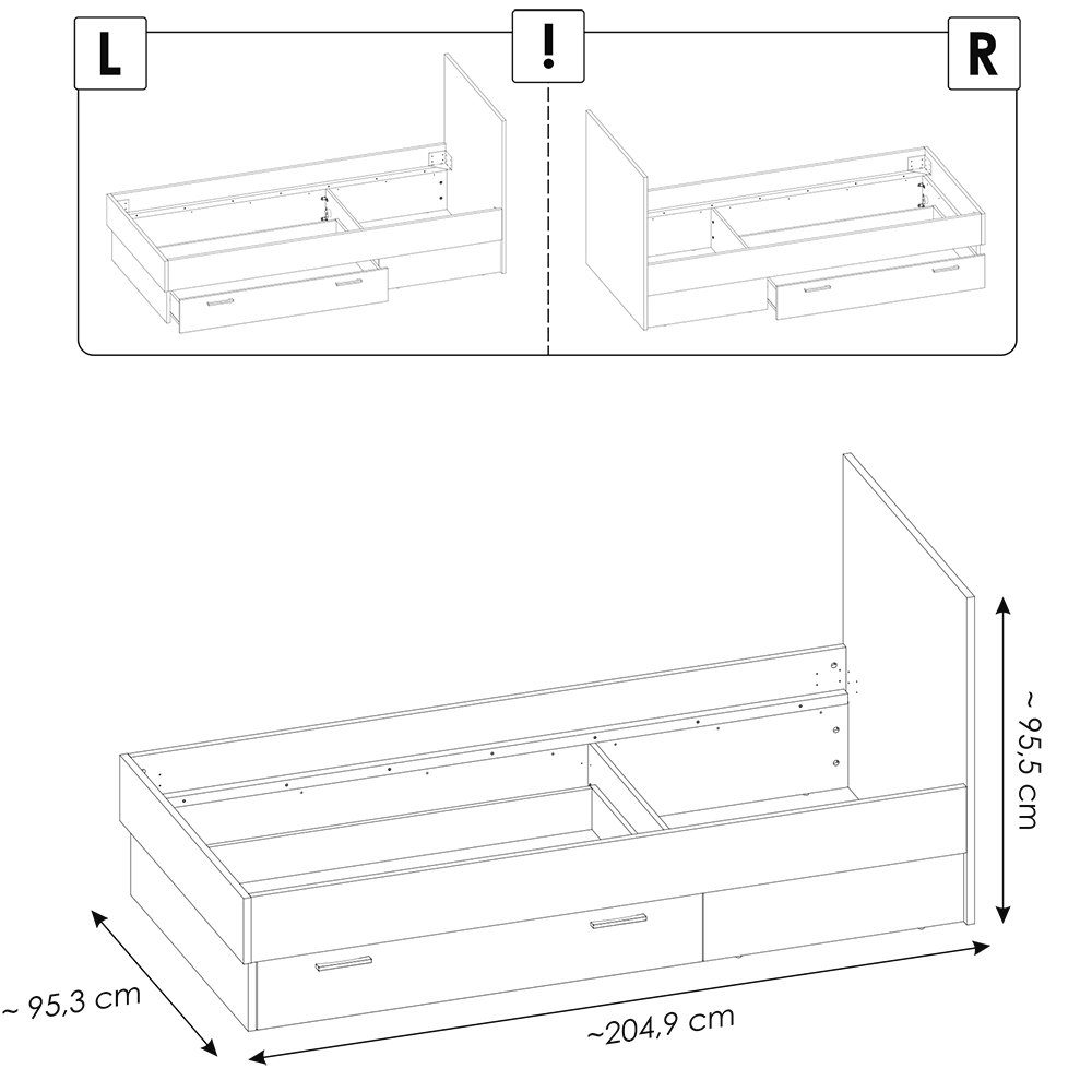 mit mit und 3-tlg), 90x200cm Sideboard grau Bett, mit (Sparset, Jugendzimmer-Set TOMAR-129, Eiche Lomadox Beleuchtung, weiß