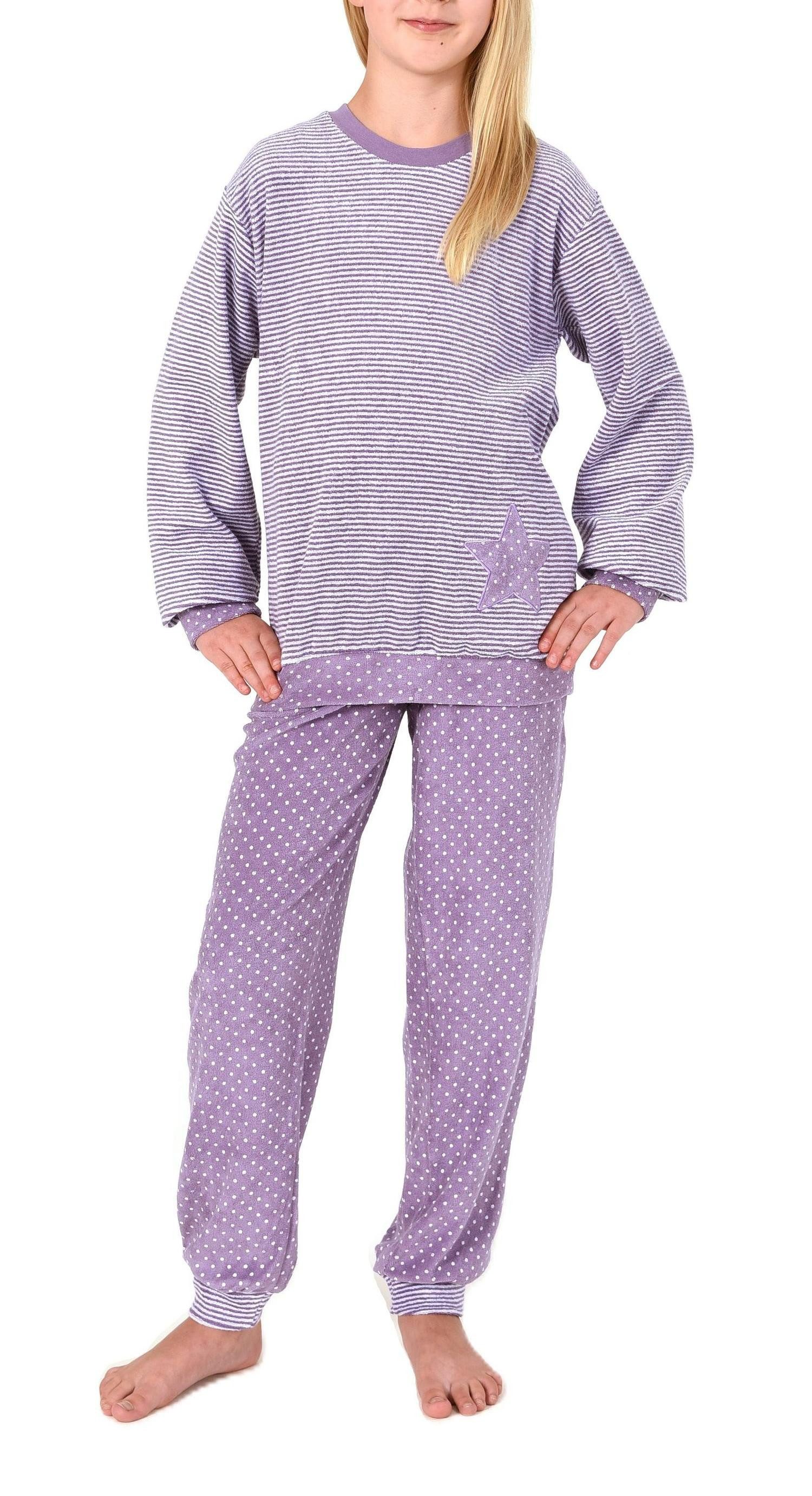 Normann Pyjama Normann Mädchen Frottee Pyjama langarm in Tupfen- und Ringeldesign