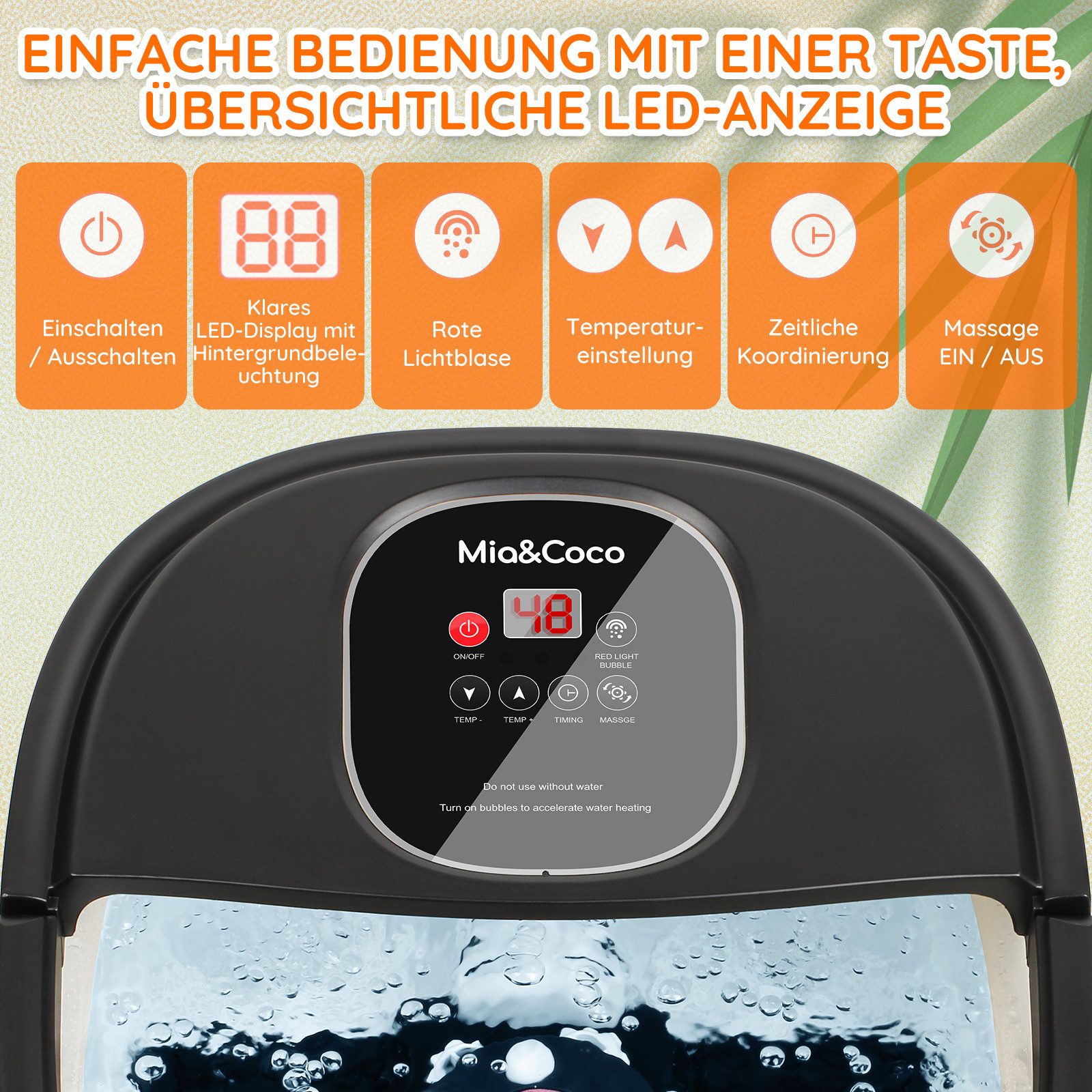 Mia&Coco Fußbad Fussmassagegerät mit Automatischer Massage Und Heizung, 9st, Entspannende Schaummassage, Kommt mit einem Satz von 8 Werkzeugen, mit Sprudelfunktione, Temperaturkontrolle, Massagerollen