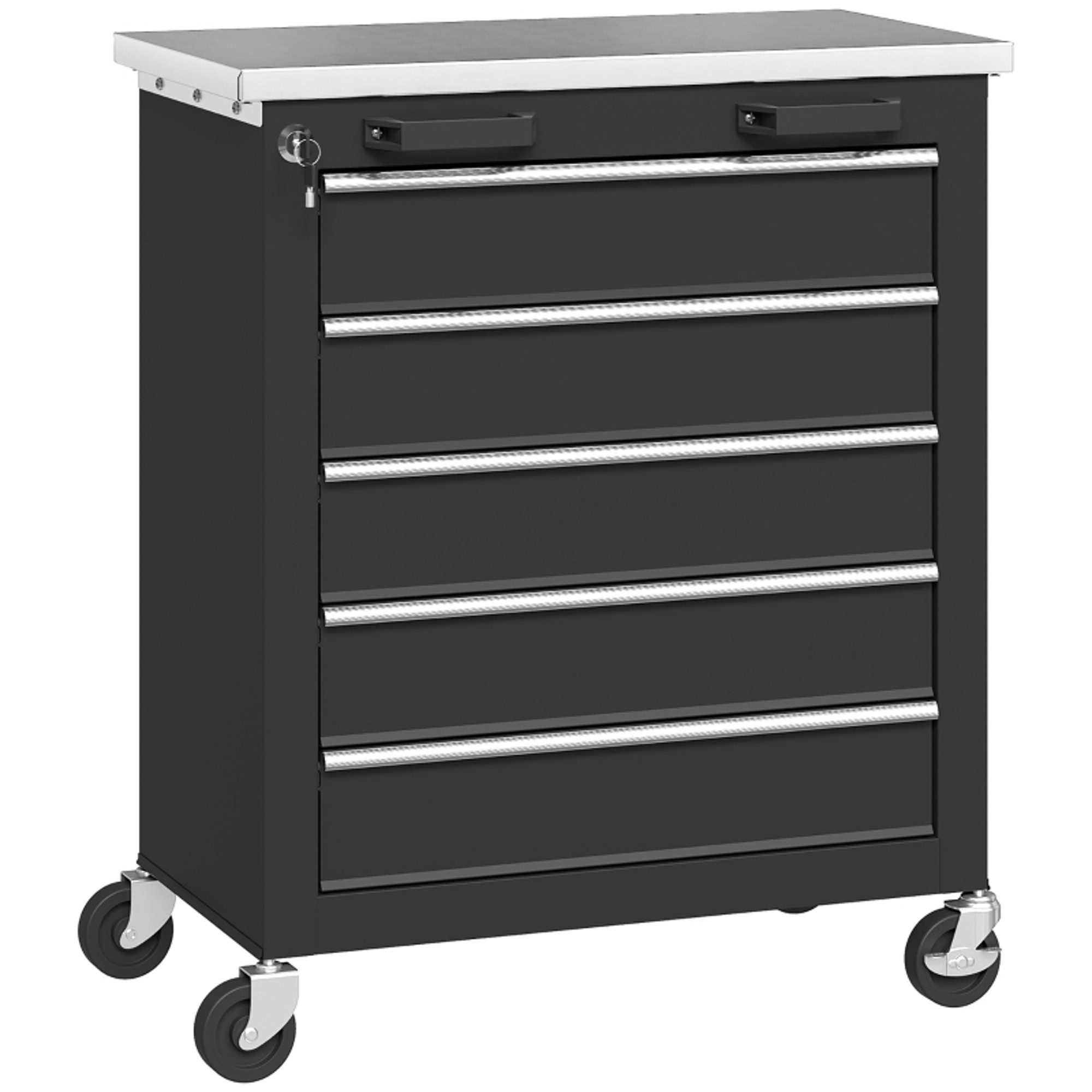 MC Star Werkzeugschrank mit 5 Schubladen, rollbare Werkzeugkiste, Werkzeugwagen aus Stahl (Silberton+Schwarz)