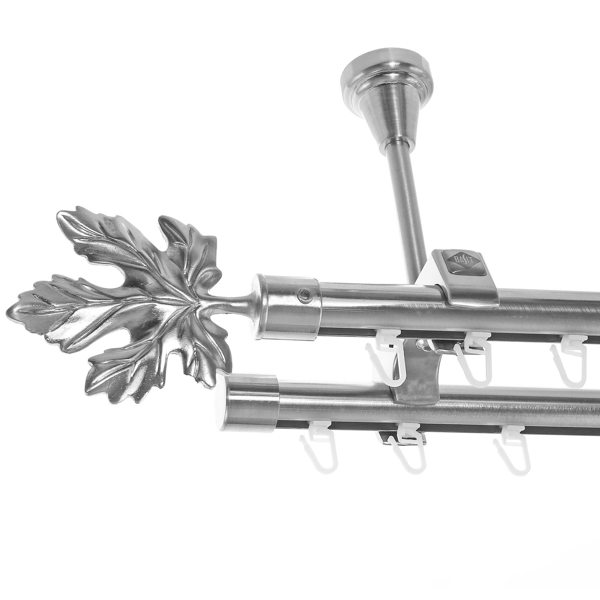 BASIT Gardinenstange Innenlauf Edelstahloptik 20mm mit Deckenträgern 120 cm E35, Ø 20 mm, 2-läufig, verschraubt, Aluminium, D61II 120 cm E35 Blatt