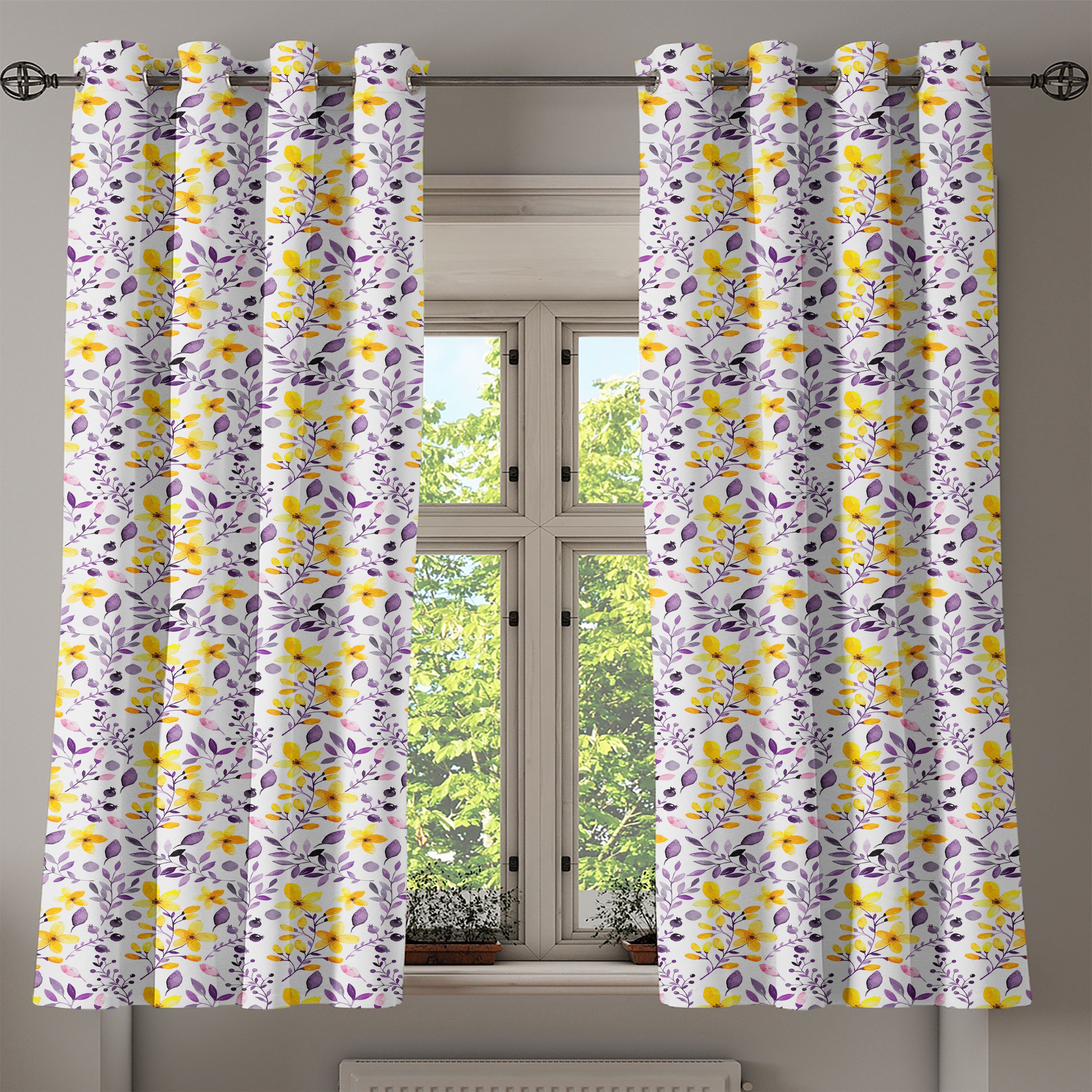 2-Panel-Fenstervorhänge Frühling Gardine Wohnzimmer, Abakuhaus, Rural Blumen und für Dekorative Blätter Schlafzimmer