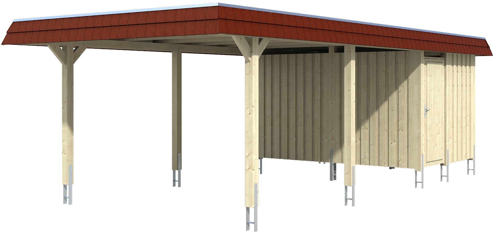 Skanholz Einzelcarport Wendland, BxT: 409x870 cm, 210 cm Einfahrtshöhe, mit Abstellraum mit Aluminiumdach, rote Blende