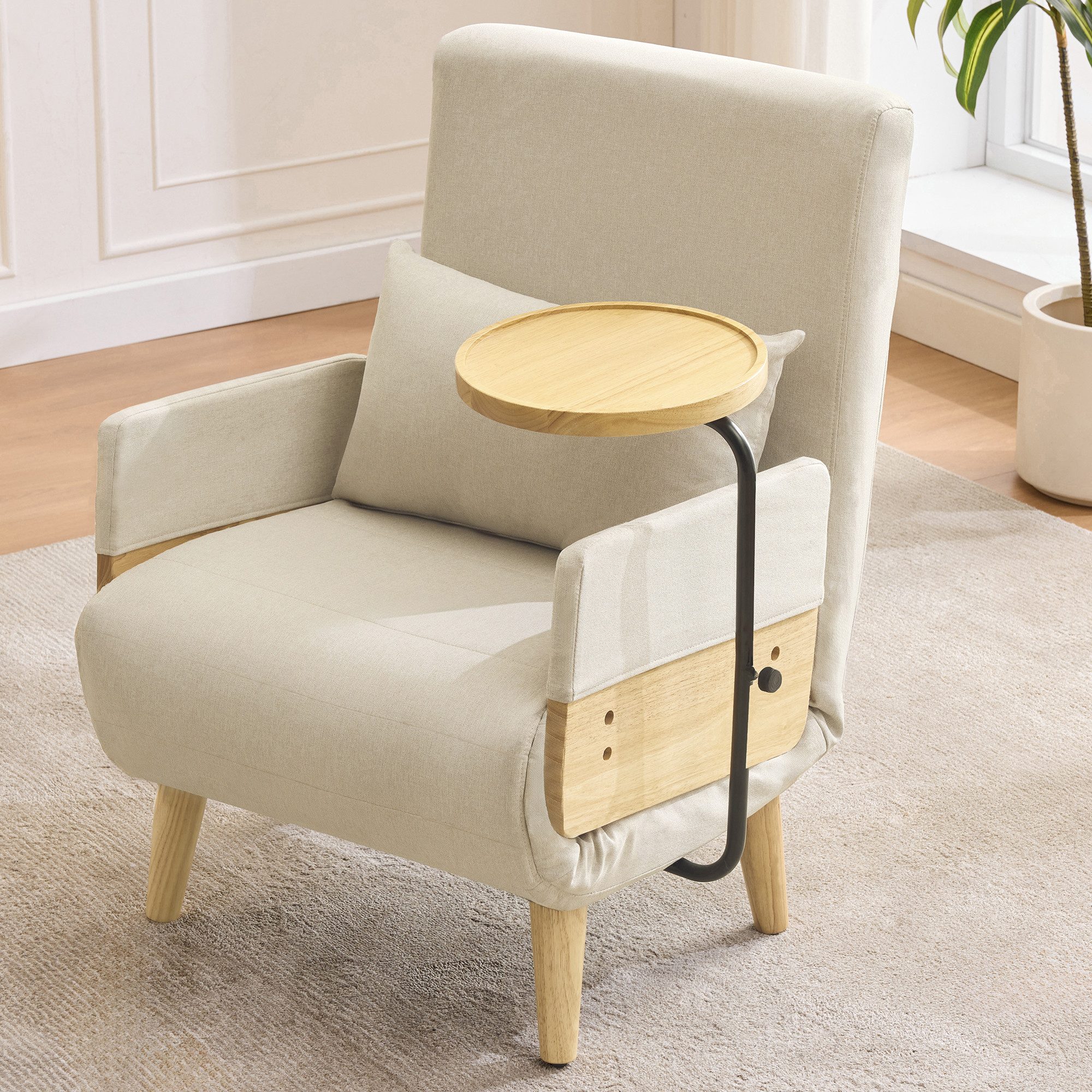OKWISH Loungesessel 3in1 Schlafsessel Klappfunktion Holztablett Polstersitz Einzelbett (Polstersitz, Loungesessel, Einzelbett, 1-St., gepolsterter Klappsessel mit Holztablett), mit Halbfixiertes Kissen