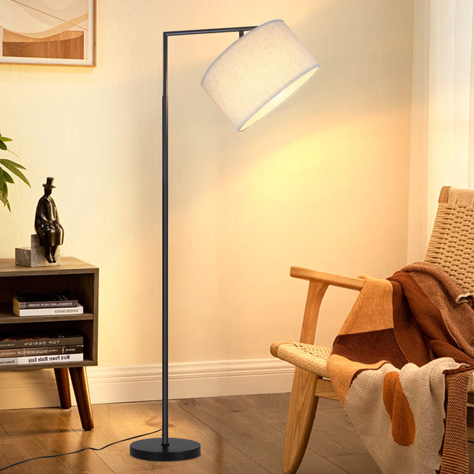 Nettlife Stehlampe Wohnzimmer Vintage Weiß/Schwarz Stoffschirm E27 Bogenlampe Leselampe, mit Fußschalter, LED wechselbar, Schlafzimmer Wohnzimmer Arbeitszimmer