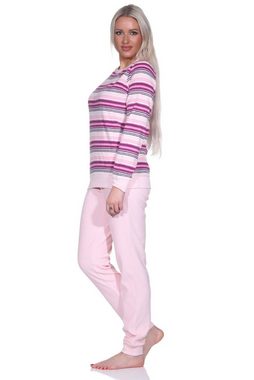 Normann Pyjama Damen Kuschel Frottee Schlafanzug mit Bündchen Streifenoptik