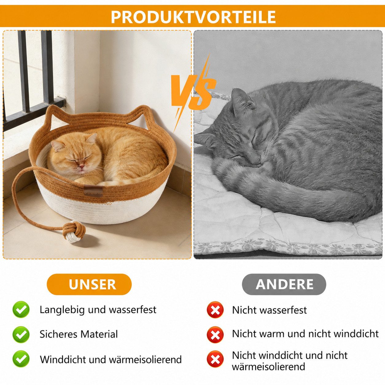 BlingBin Tierbett Katzenbett aus Baumwollseil, handgeflochtener Katzenkorb, Waschbar, Haustierbett mit Kissen, Kratzmatte und Spielzeugschwanz, Indoor
