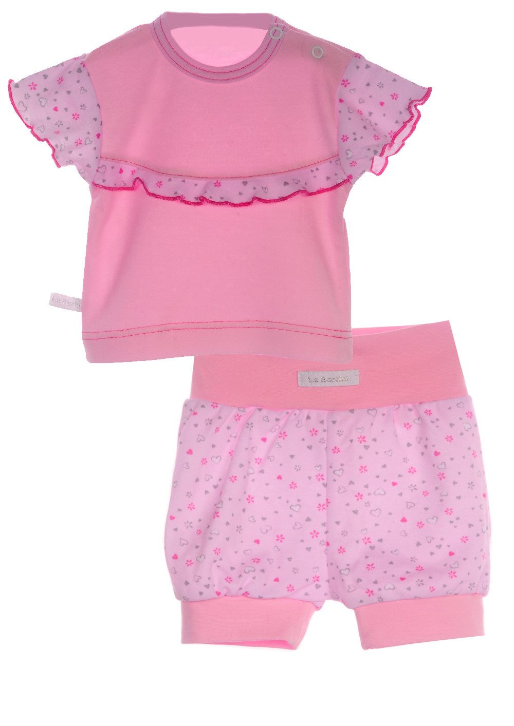 Shorts Baby Set Kurzarmshirt und kurze Hose in Rosa mit Blumen und Herzen