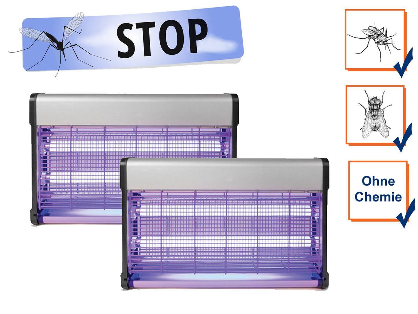 Insektenschutzplissee, PEREL, Hängend oder als Standgerät, UV Insektenlampe 2er SET elektrische Mückenlampe Fliegenfalle 30-150m²