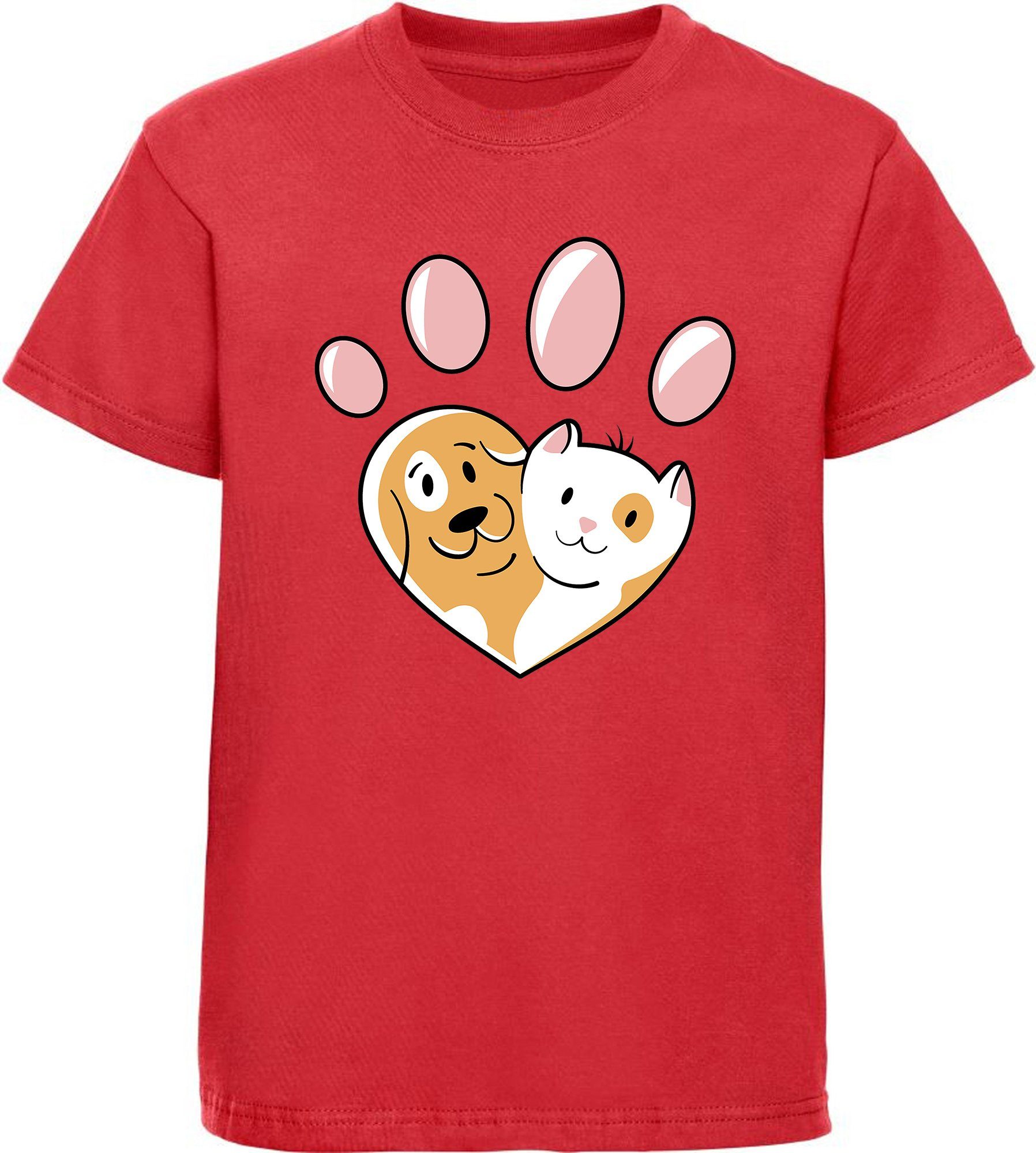 MyDesign24 Print-Shirt bedrucktes Kinder Hunde T-Shirt - Herz Pfote mit Hund und Katze Baumwollshirt mit Aufdruck, i223 rot