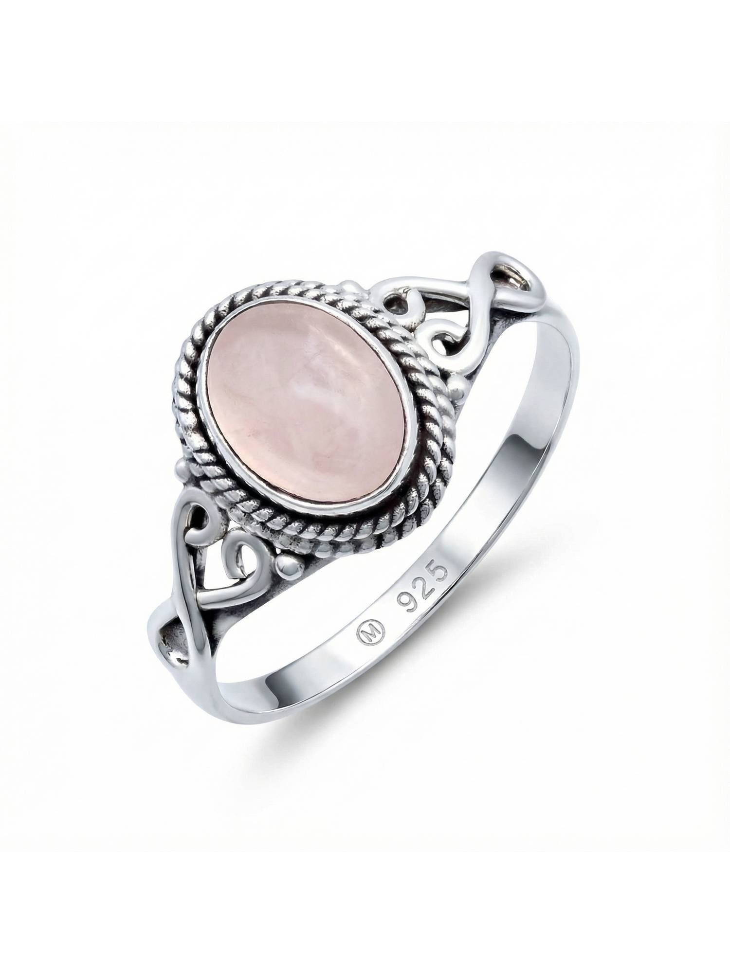 mantraroma Silberring BAGHIMI oval aus 925 Silber mit Rosenquarz (Ring mit Schmuckbeutel), Damenring aus 925er Silber