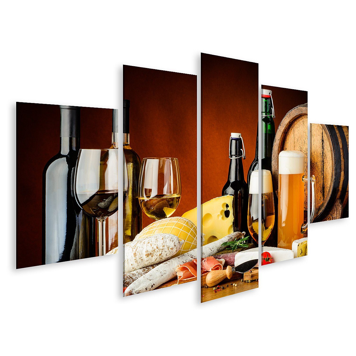 Leinwandbild Bild auf Leinwand Wein Bier Essen Stillleben Traditionelle Käsewürstch