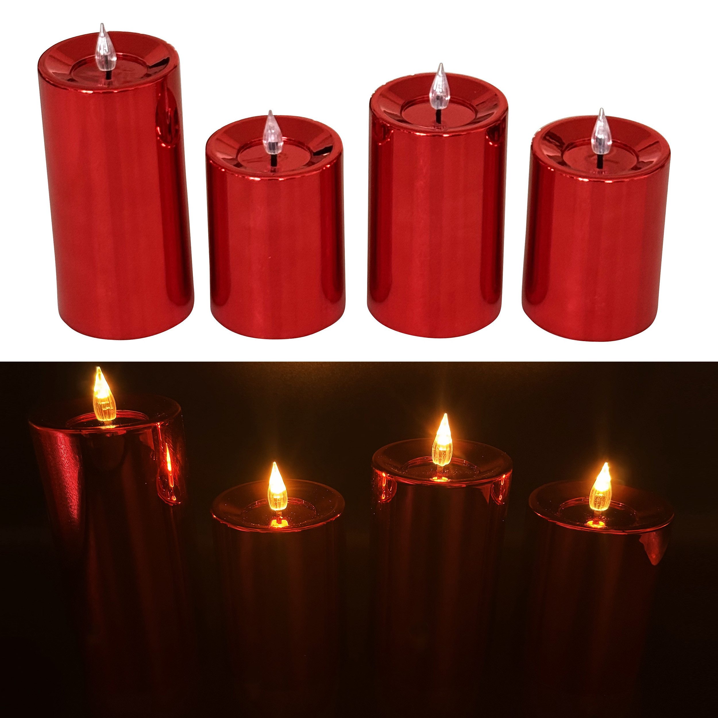 Online-Fuchs LED-Kerze 4 LED Kerzen mit 6-Stunden Timer und Hochglanz Oberfläche (in den Farben Silber, Rot, Rosé, Blau und Grün, realistische Flamme aus Acrylglas), Outdoor geeignet - Deko für Herbst, Winter und Weihnachten