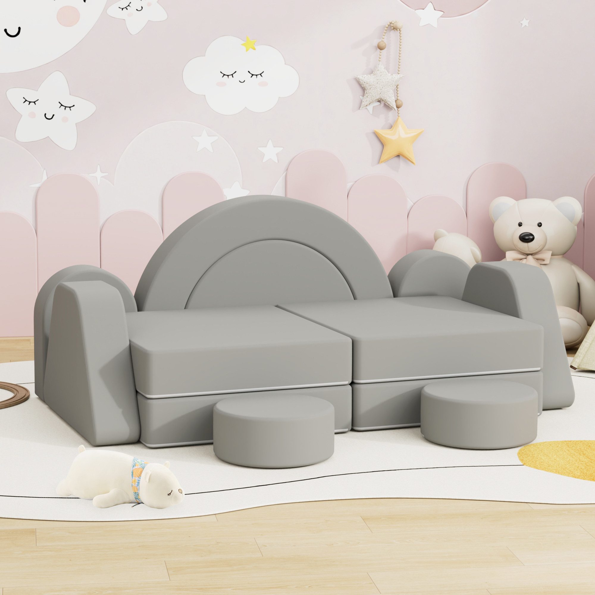 radelldar Kindersofa Modulare, 7 Teile/ 12 Teile aus Schaumstoff für Kinder, wasserdicht, 12 Teile, 7 Teile Blau/Beige, 12 Teile Grau/Beige/Blau/Rosa/