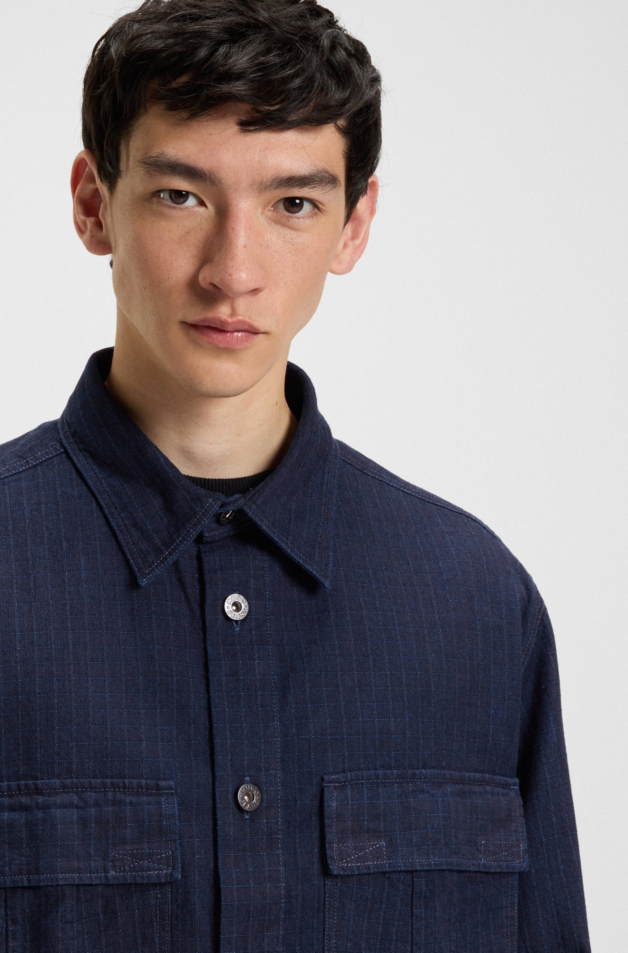 HUGO Blue Langarmhemd Ebargo Kentkragen, oversize fit, Denim-Optik