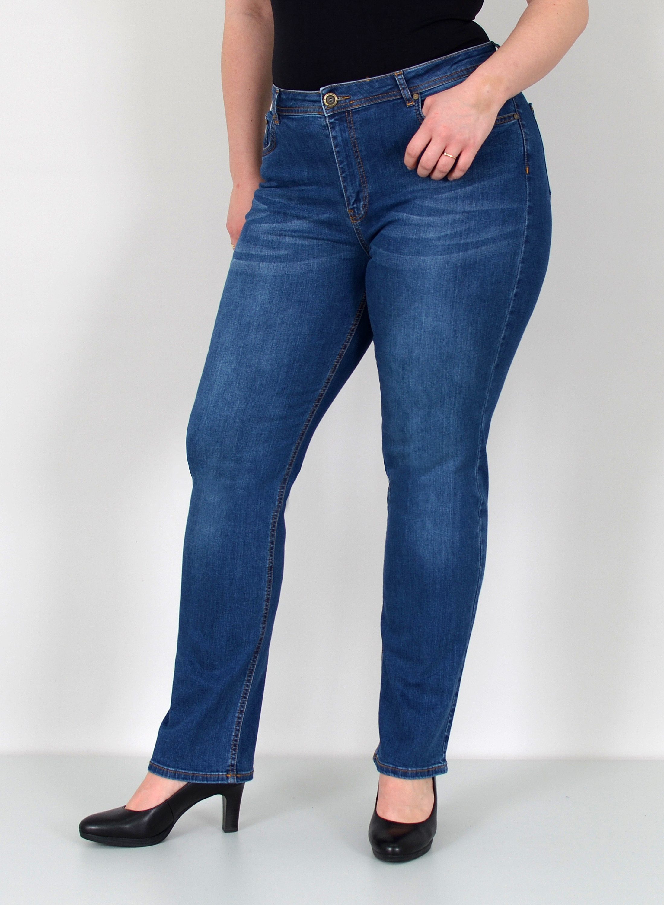 ESRA Straight-Jeans Damen Jeanshose Gerader Schnitt Stretch Hose hoher Bund bis Plus Size Straight Jeans Damen High Waist Hose Stretch Jeans Regular Übergröße