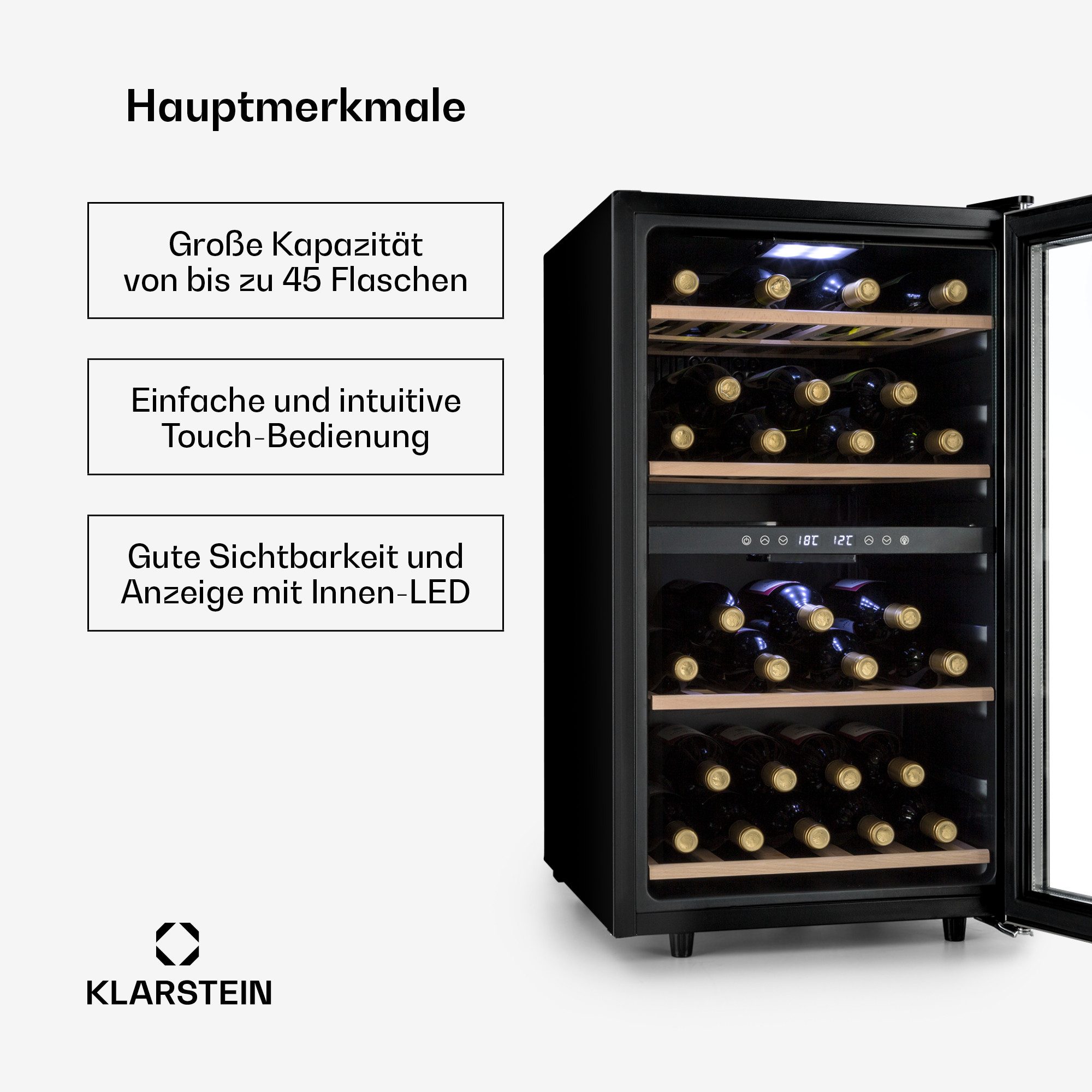 Klarstein Weinkühlschrank Vinamour 45 Duo Weinkühlschrank 2 Zonen 45 Fl 118L 5-18°C Touch LCD, für 45 Standardflaschen á 0,75l,2 Zonen Wein Flaschenkühlschrank Weintemperierschrank Weinschrank