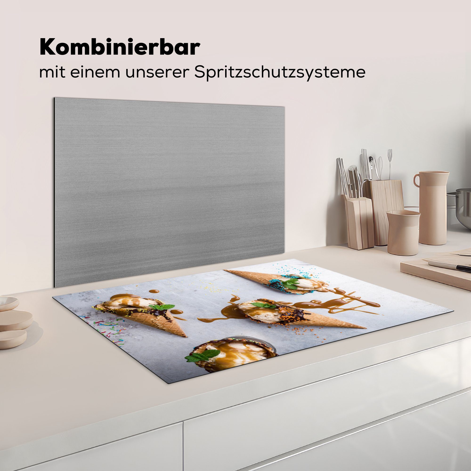 cm, (1 Eis Ceranfeldabdeckung küche, mit für MuchoWow Minzblättern, 81x52 die und Karamellsauce tlg), Herdblende-/Abdeckplatte Vinyl, Schutz Induktionskochfeld