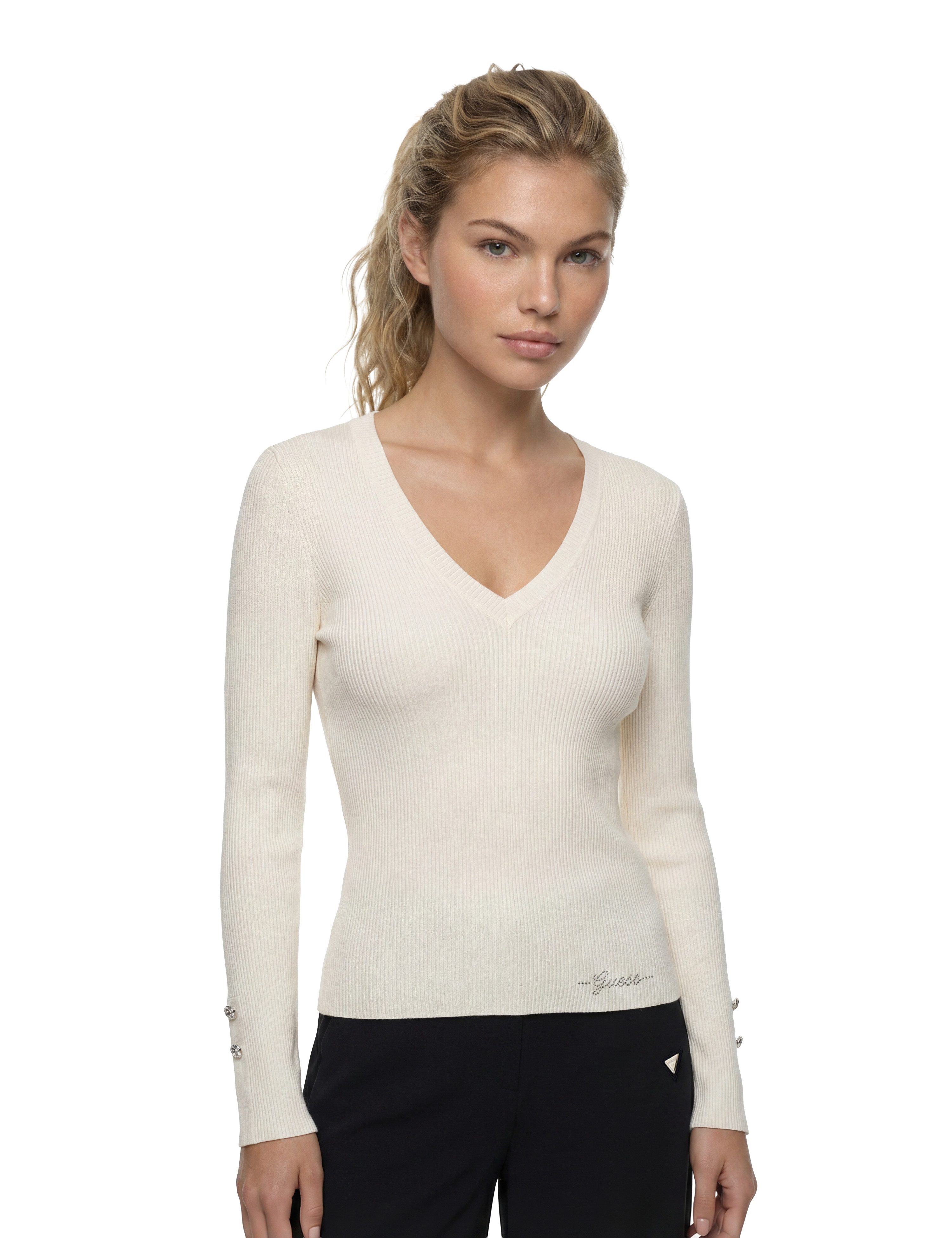 Guess Longsleeve LS VN ELLIE SWTR mit Knopfdetails an den Ärmelenden, Strickqualität