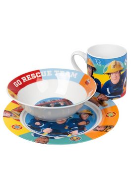 United Labels® Frühstücks-Geschirrset Feuerwehrmann Sam Frühstücksset für Kinder - Geschirr Set 3-tlg, Porzellan