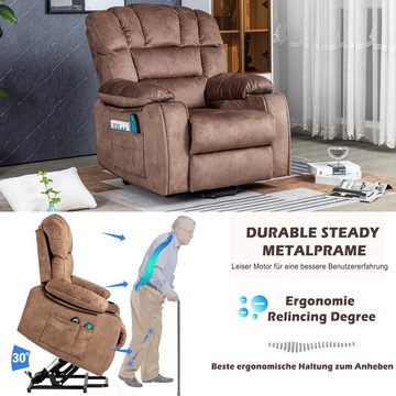 Ulife TV-Sessel Massagesessel Elektrisch verstellbarer Fernsehsessel mit Aufstehhilfe, Braun, Stoff-Liegesofa, mit 2 Getränkehaltern, Seitentaschen