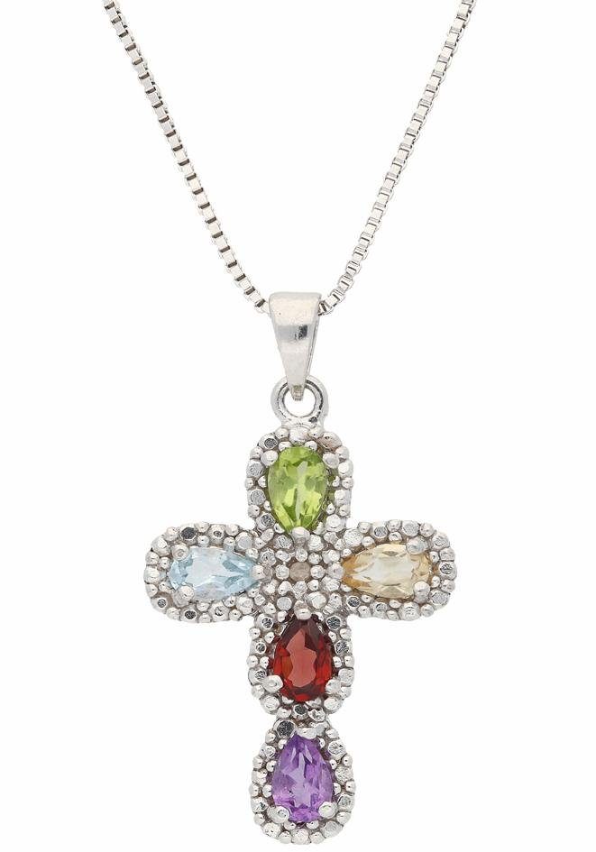 Firetti Kette mit Anhänger Schmuck Geschenk Silber 925 Halsschmuck Halskette Venezianer Kreuz, mit Amethyst, Citrin, Granat, Peridot, Topas