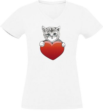 MyDesign24 T-Shirt Damen Katzen Print Shirt bedruckt - Katze mit rotem Herz Baumwollshirt mit Aufdruck, Slim Fit, i120