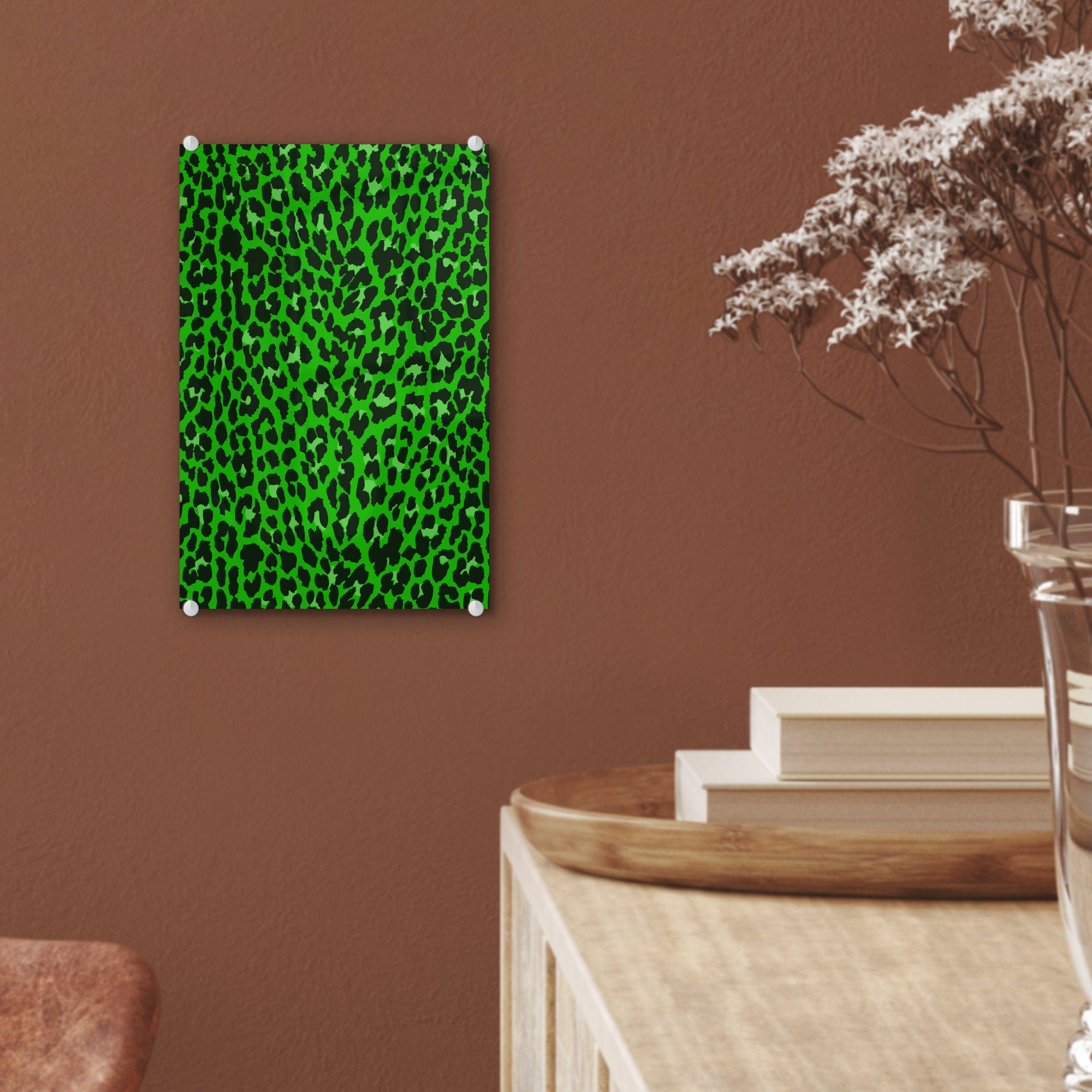 Bilder - Acrylglasbild Foto Glas - Leopard auf - Glasbilder Wandbild Glas Muster - St), Grün, MuchoWow (1 - Wanddekoration auf