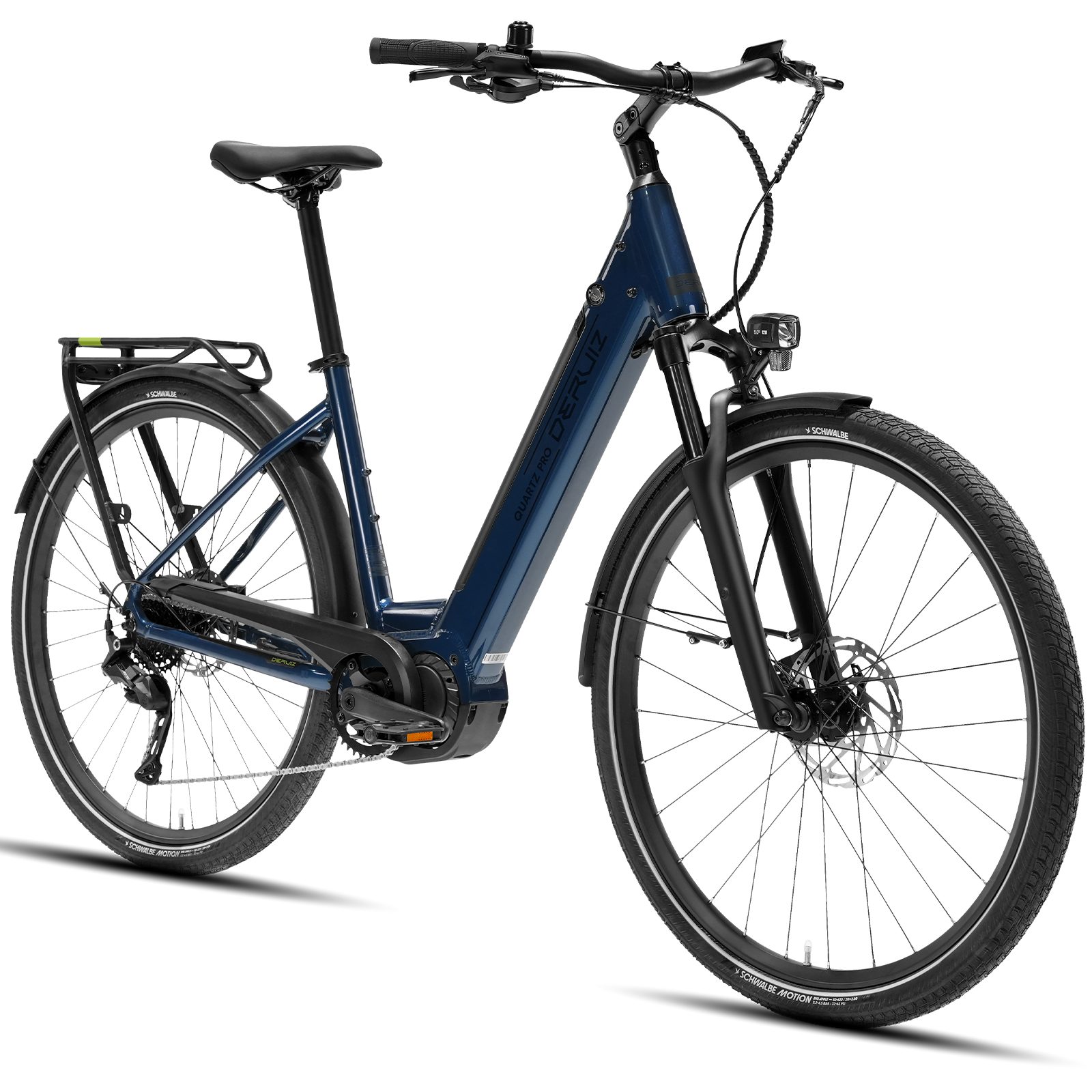 DERUIZ E-Bike Cityrad 28 Zoll Quartz Pro 2026, 100 Nm Mittelmotor, 644 Wh, bis 161 km, 9 Gang SHIMANO Shimano CUES RD-U3020 Schaltwerk, Kettenschaltung, Mittelmotor, 644 Wh, (Drehmomentsensor, Aluminiumrahmen, Elektrofahrrad), Tiefeinsteiger, Mittelmotor, Schwalbe Reifen, Gepäckträger bis 25 kg