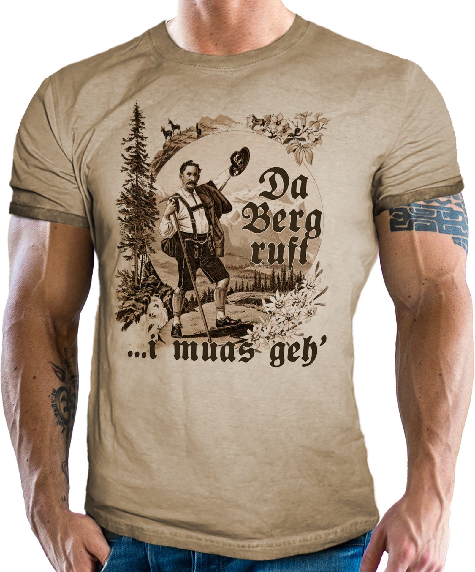 ruft Trachten - NEGRO® Fans Washed Da LOBO Bayern Look Retro Vintage T-Shirt Berg für Used