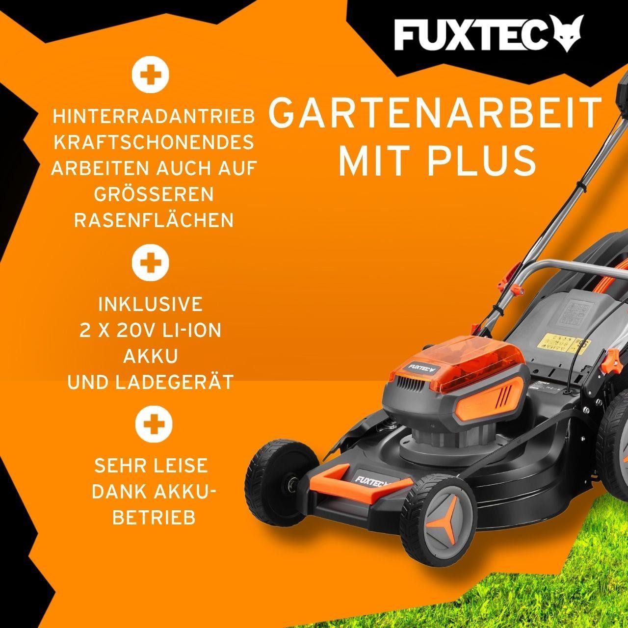 FUXTEC Akkurasenmäher FX-E2RM46SET, 46 cm Schnittbreite, 46 cm Schnittbreite, 50L Fangkorb, 2x 20V Akku, 25mm-65mm, Frontbumper