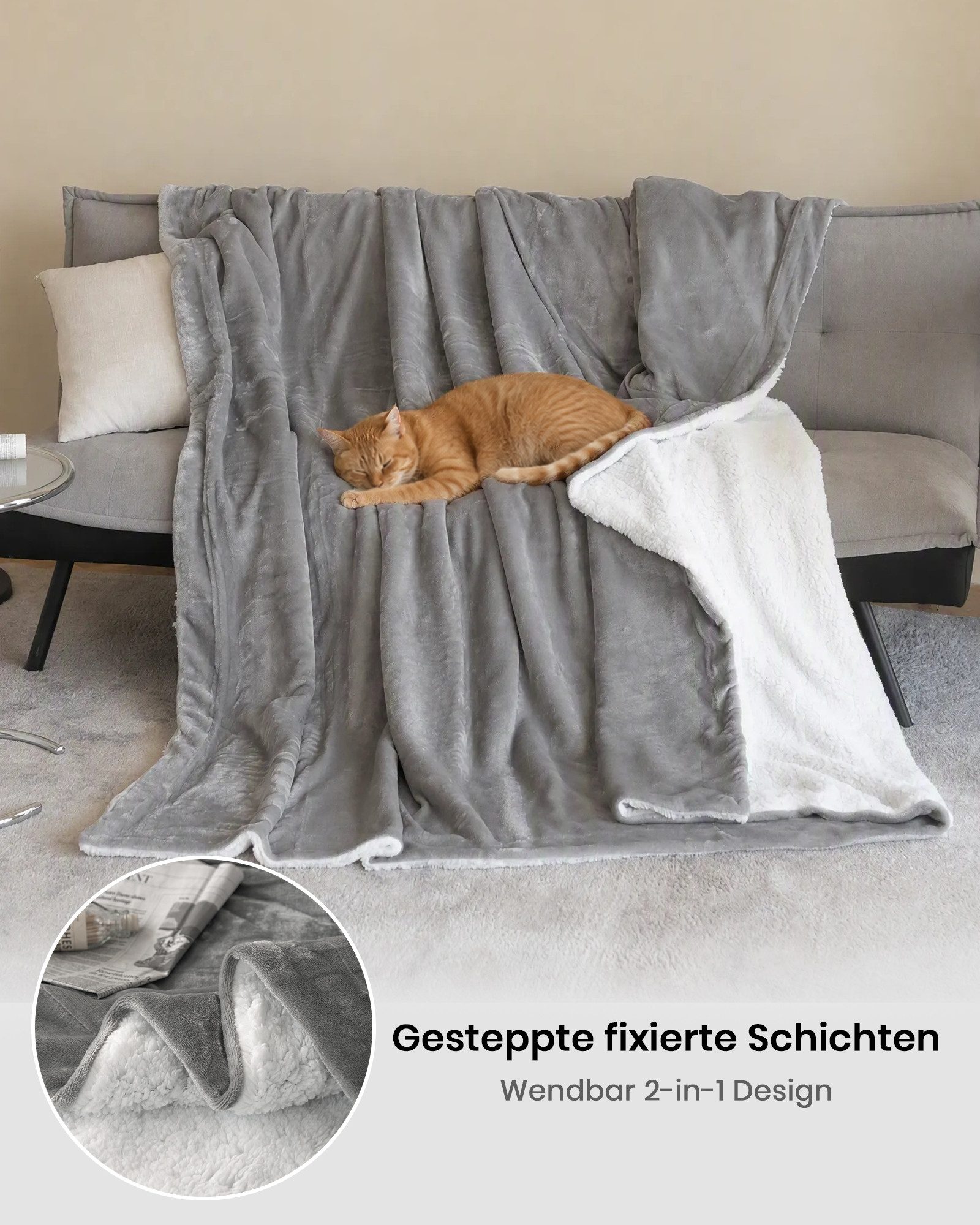 Wohndecke Sherpa-Fleece-Wohndecke, wendbar, kuschelig, warm, Grau, Einzelbett, Good Nite, Kuscheldecke, Polyester, für Zuhause und Reisen, grau, blau, schwarz – Bild 3 von 5