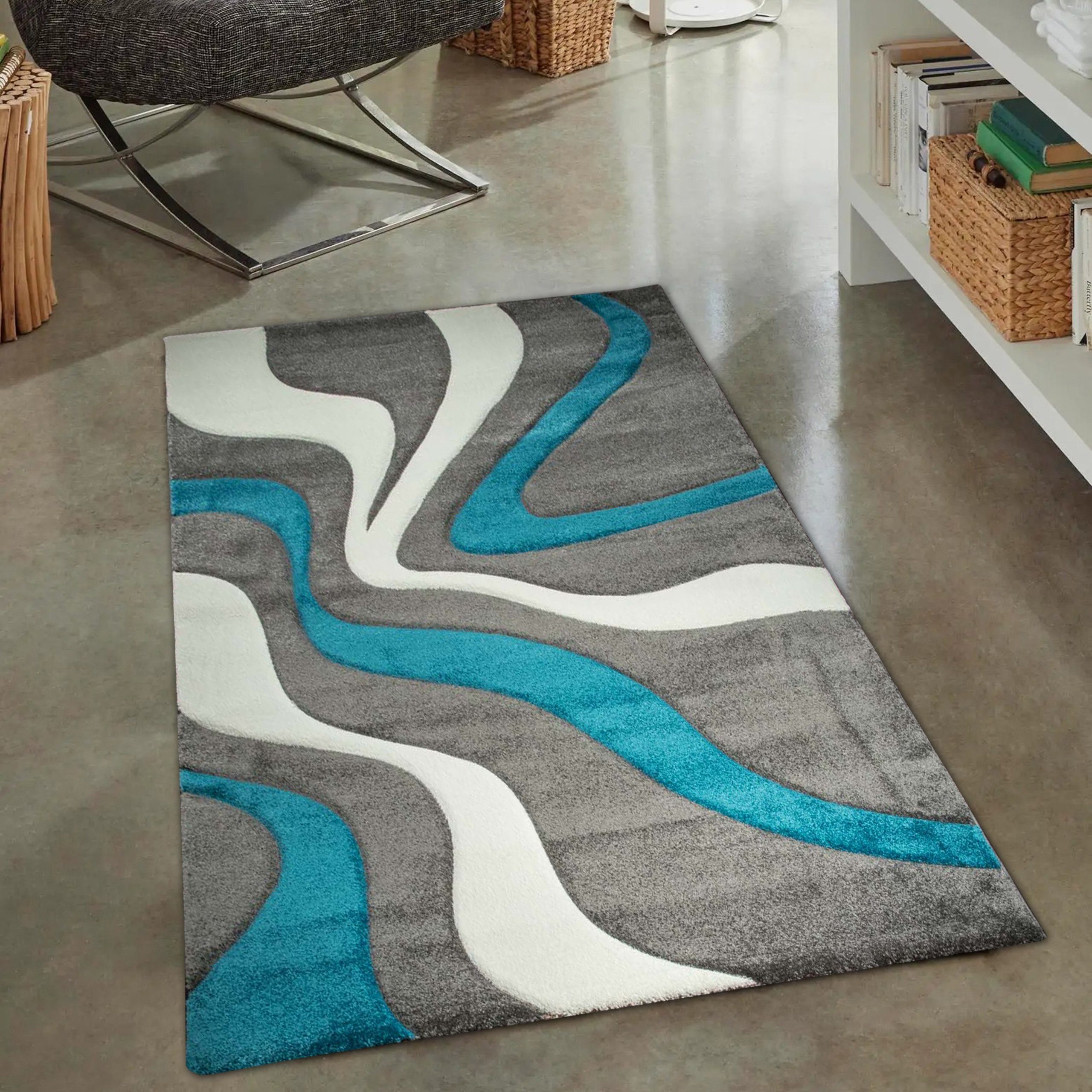 Teppich Moderner Teppich mit Wellenoptik, pflegeleicht, türkis weiß & grau,  Carpetia, rechteckig