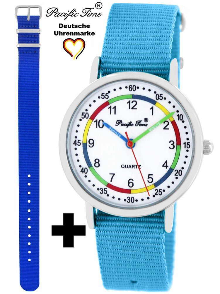 Pacific Time Quarzuhr Set royalblau Gratis Wechselarmband, Design Armbanduhr - Lernuhr und und Mix Match hellblau First Kinder Versand