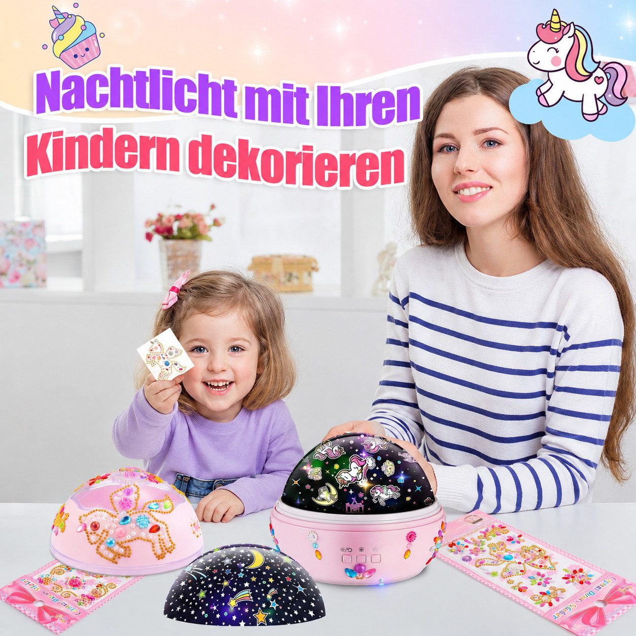 Wootoy LED Nachtlicht Einhorn Nachtlicht Projektor 360° rotierende Sternenprojektor Lampe, in Warmgelb Blau Rot und Grün, LED fest integriert, Farbwechsler, 360° rotierende Projektion 5 Lichtmodi 4 LED-Farben