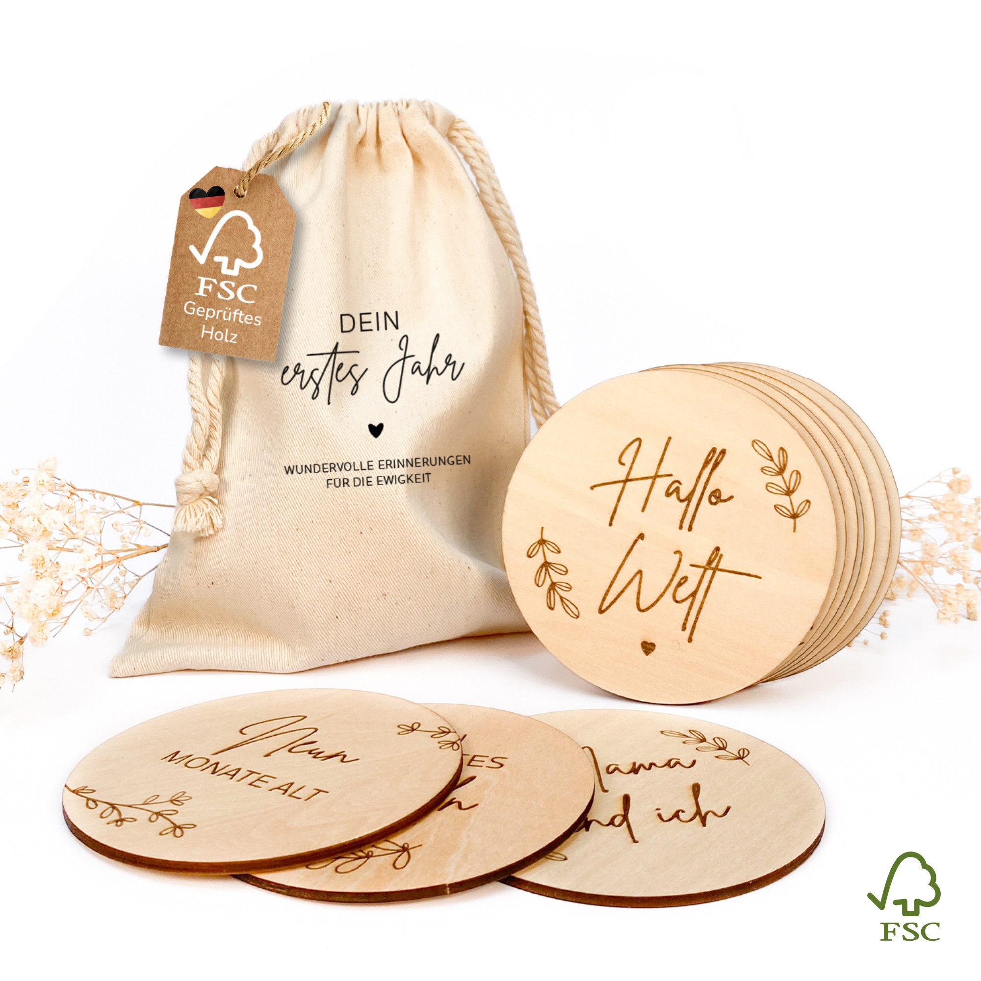MeinBaby123® Geburtskarte 40 nachhaltige Baby Meilensteine aus Holz inkl. Baumwollsäckchen, Meilensteinkarten Baby, Geschenk zur Geburt, FSC geprüftes Holz