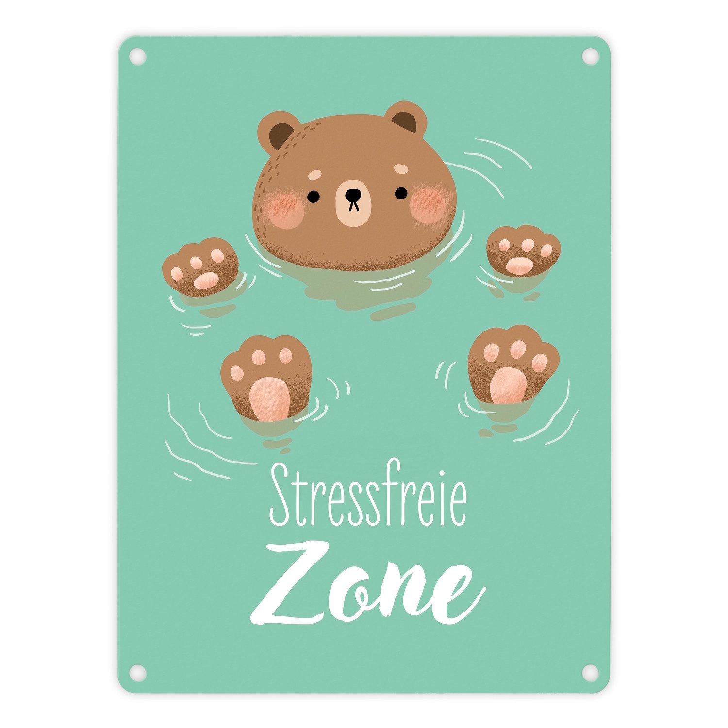 Metallschild Bär im Wasser Metallschild in 15x20 cm mit Spruch Stressfreie Zone
