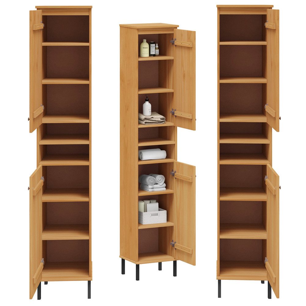 Lomadox Hochschrank WILLOW-69 Massivholz Kiefer eichefarbig lackiert Türen Rillendesign 35x190x32 cm