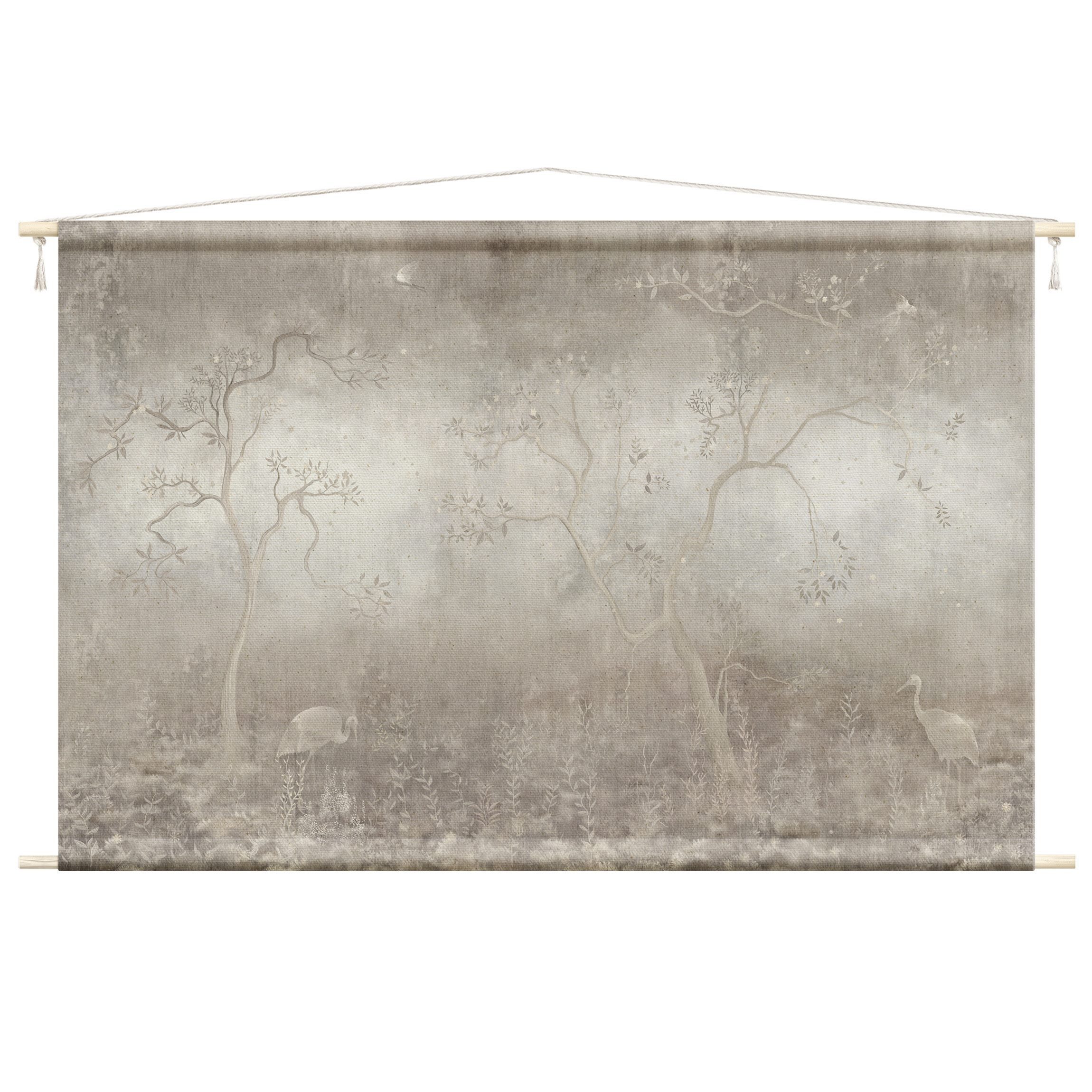 Bilderdepot24 Wandteppich modern Wald Natur Vintage Tiere Vögel weiss, rechteckig, Höhe: 2.6 mm, großes Wandbild aus Natur-Baumwolle Wandbehang Stoffbild Tuch Wollseil
