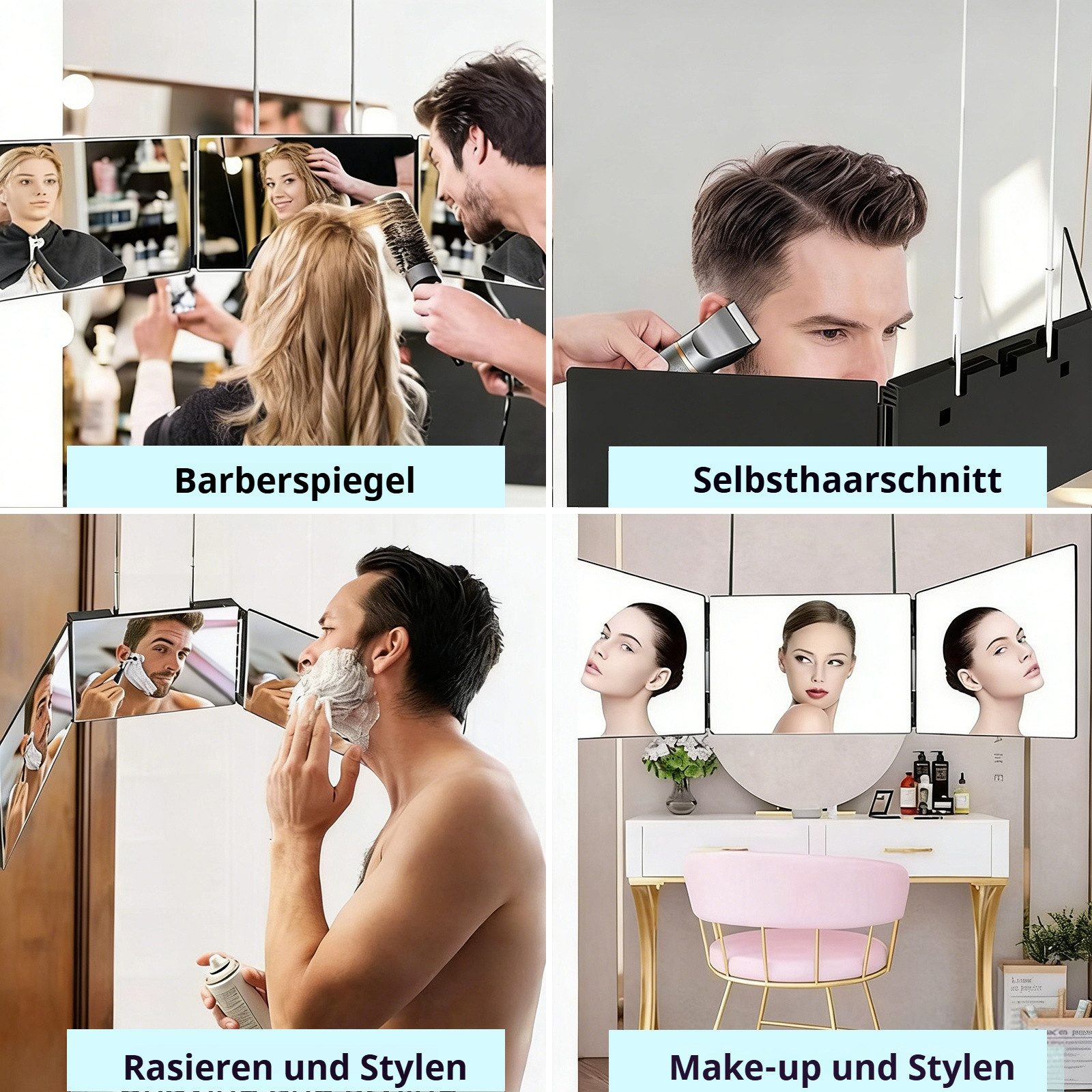 BlingBin Rasierspiegel 360 Grad Spiegel zum Aufhängen - Klappspiegel Trifold Spiegel 3-Fach (1 Stück, 1-St., 30.4*19*2.8cm), Höhenverstellbar für Haarstyling, Rasieren & Make-up