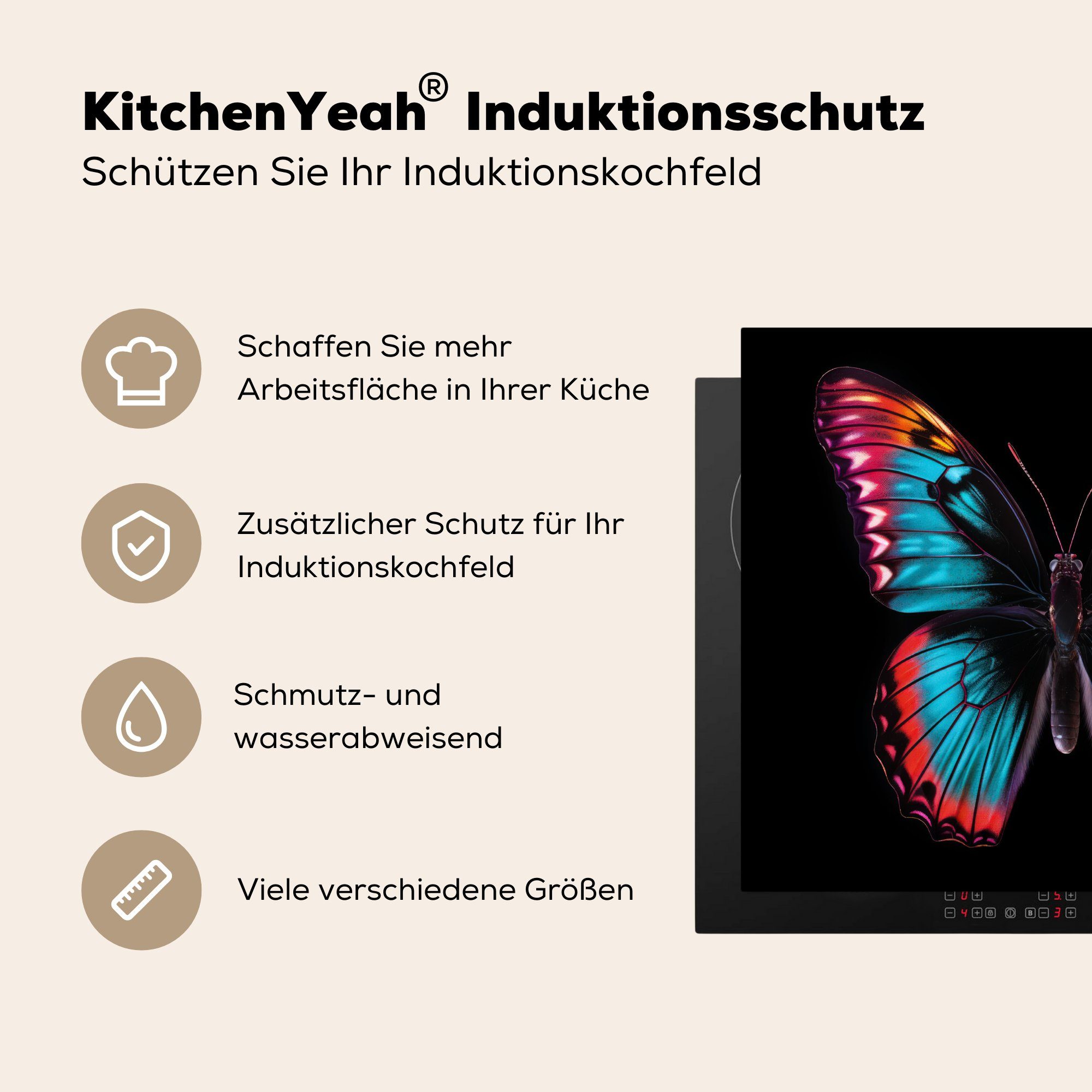 MuchoWow Herdblende-/Abdeckplatte Schmetterling - nutzbar, 60x52 Schwarz, Farben Vinyl, Arbeitsfläche (1 - Ceranfeldabdeckung - Mobile Tier cm, tlg)