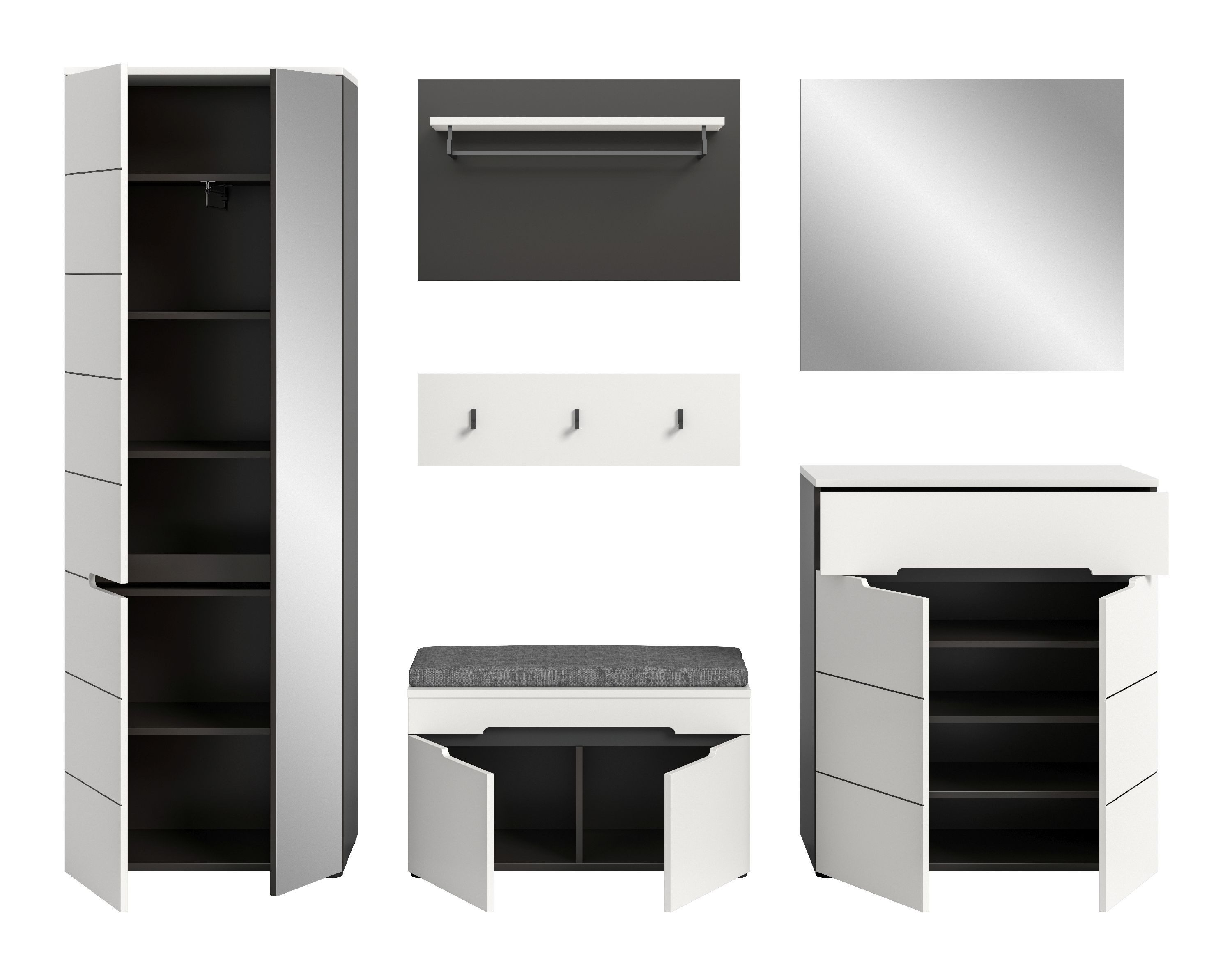 xonox.home Garderoben-Set Canu, (6tlg. Set inkl. Garderobenschrank, Sitzbank, Paneel, Schuhkommode), Basalt grau Nachbildung Melamin beschichtet modern 255x190x37 cm